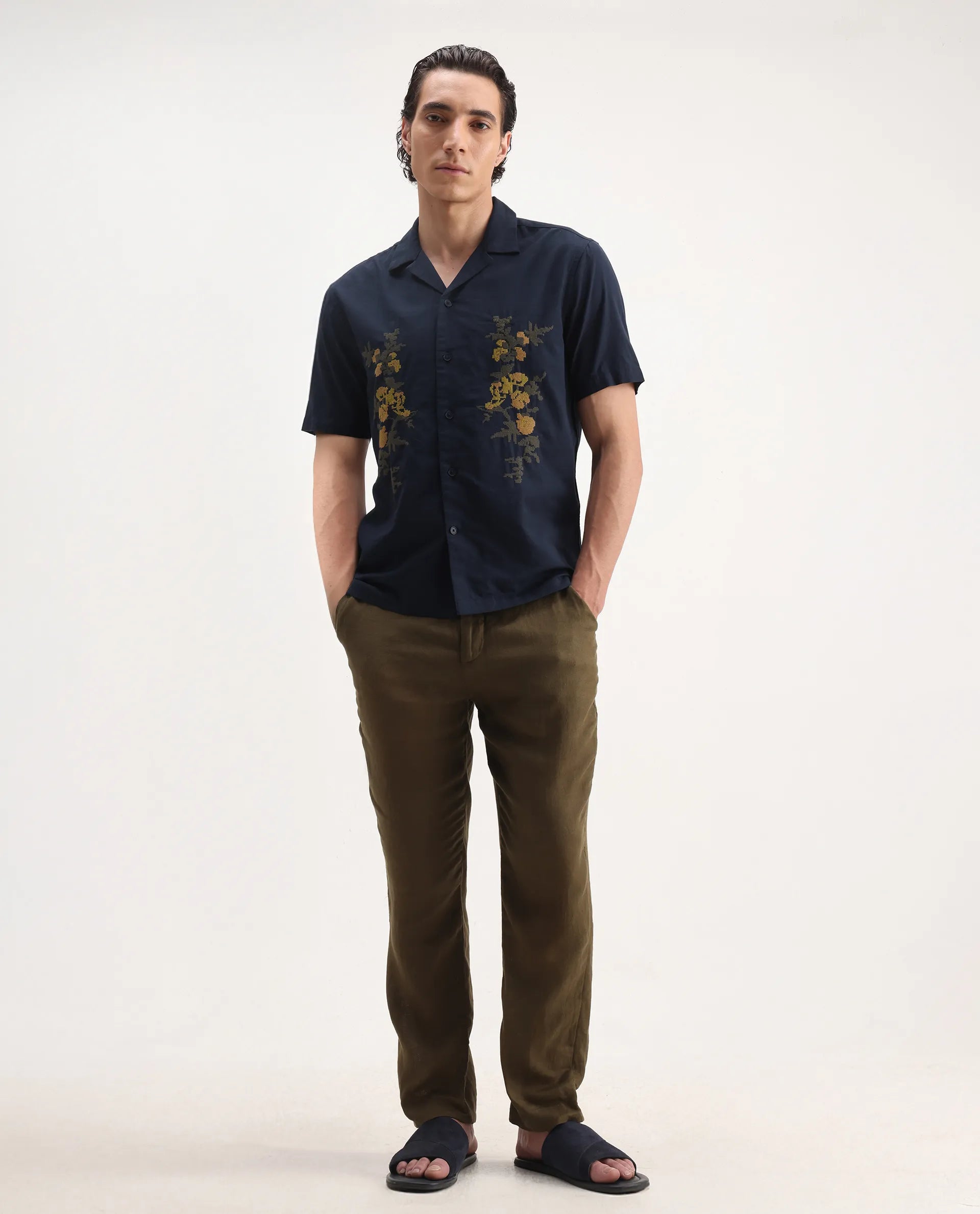 Rare Rabbit Men's Dabe Navy Linen Blend Embroidered Boxy Fit Half Sleeve Cuban Collar Shirt