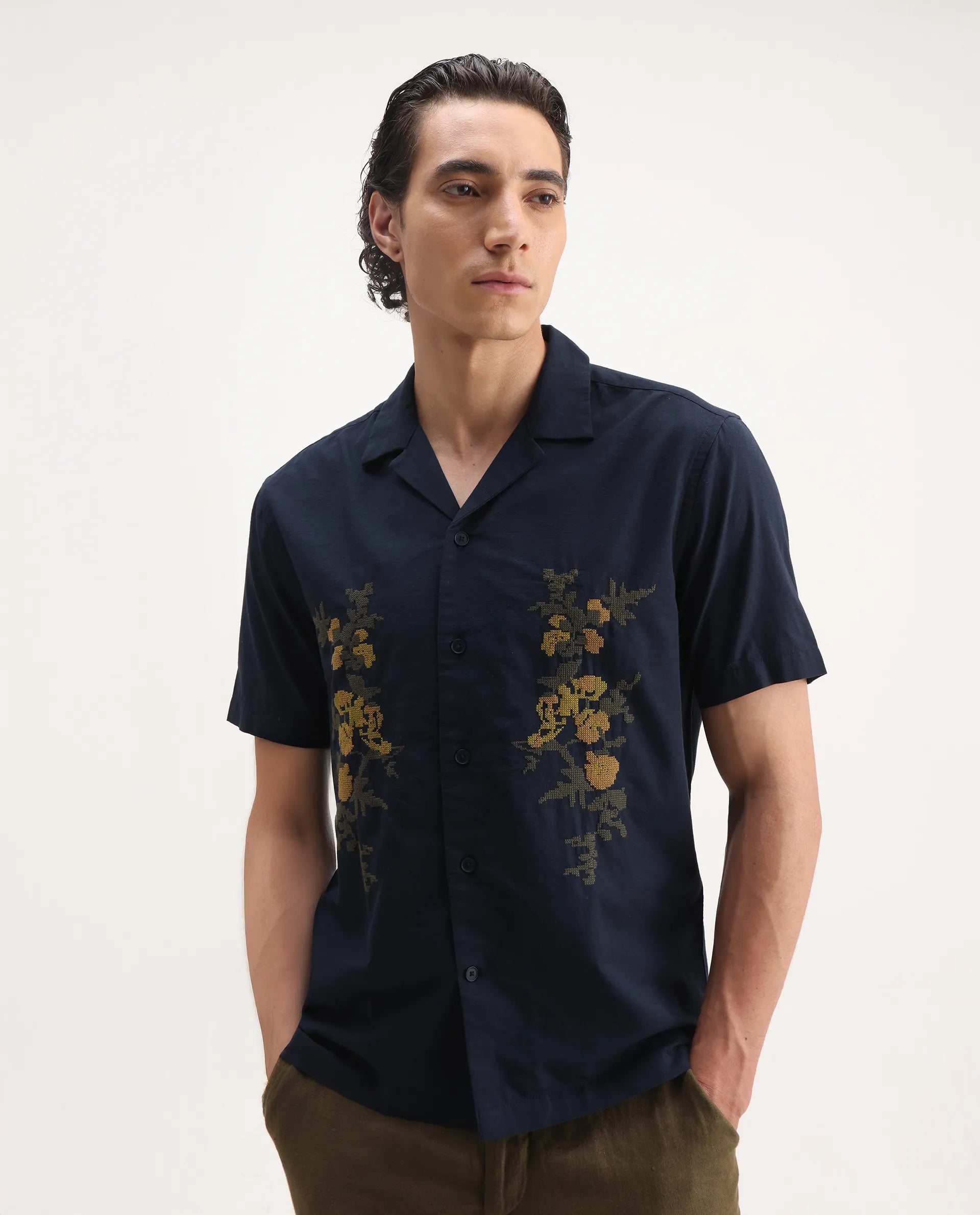 Rare Rabbit Men's Dabe Navy Linen Blend Embroidered Boxy Fit Half Sleeve Cuban Collar Shirt