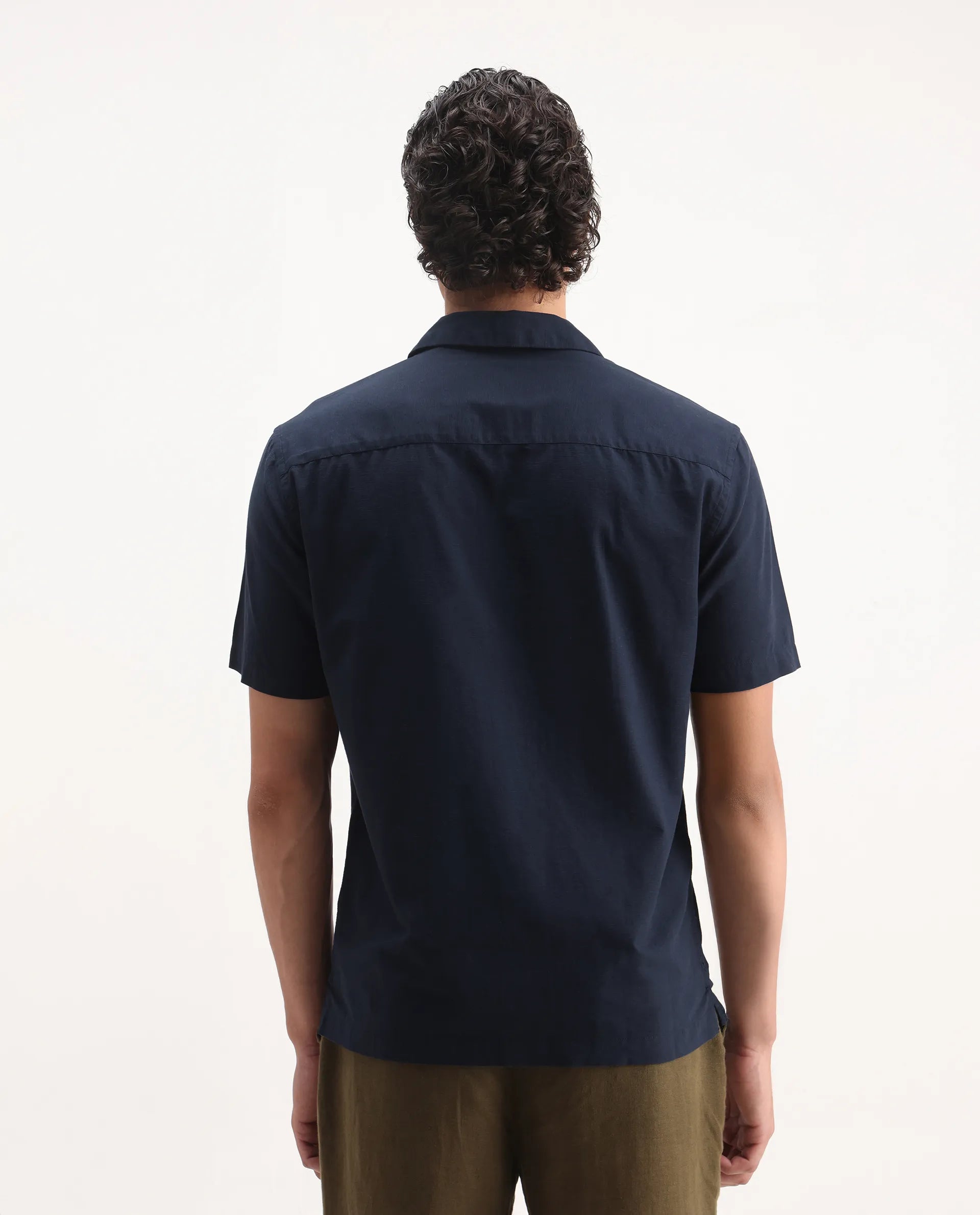 Rare Rabbit Men's Dabe Navy Linen Blend Embroidered Boxy Fit Half Sleeve Cuban Collar Shirt