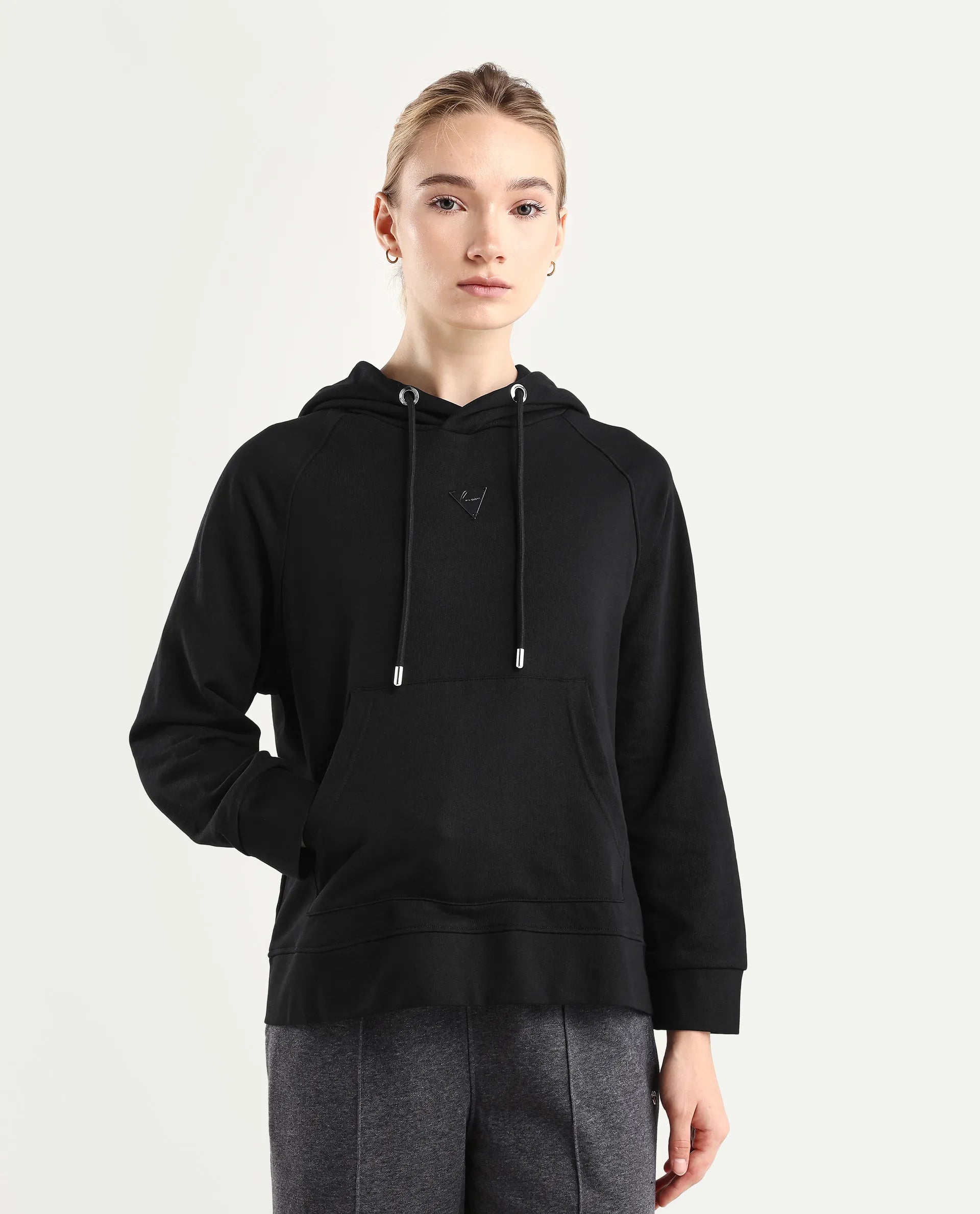 Rareism Women's Dae Black Cotton Blend Hooded Plain Relaxed Fit Sweatshirt