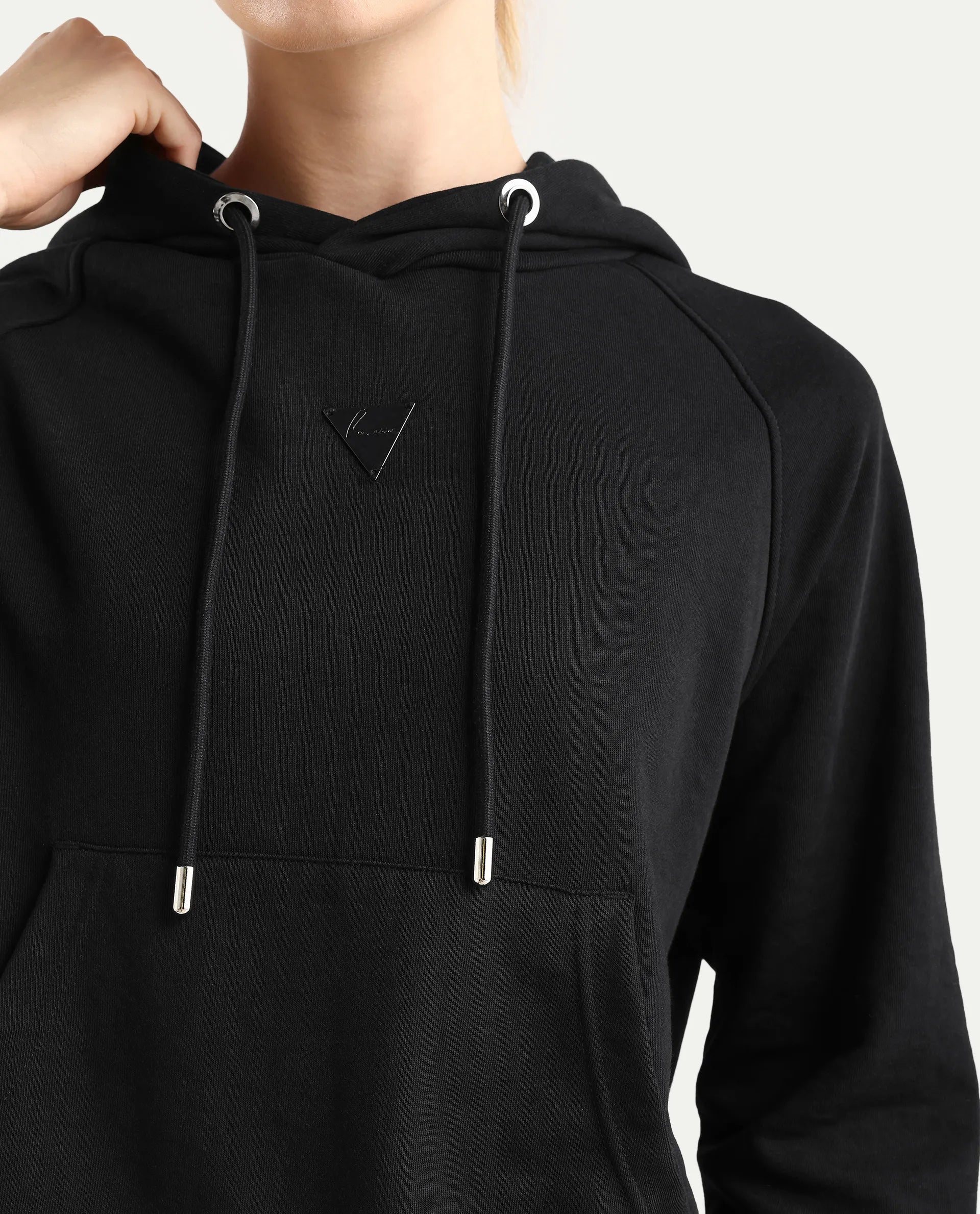 Rareism Women's Dae Black Cotton Blend Hooded Plain Relaxed Fit Sweatshirt