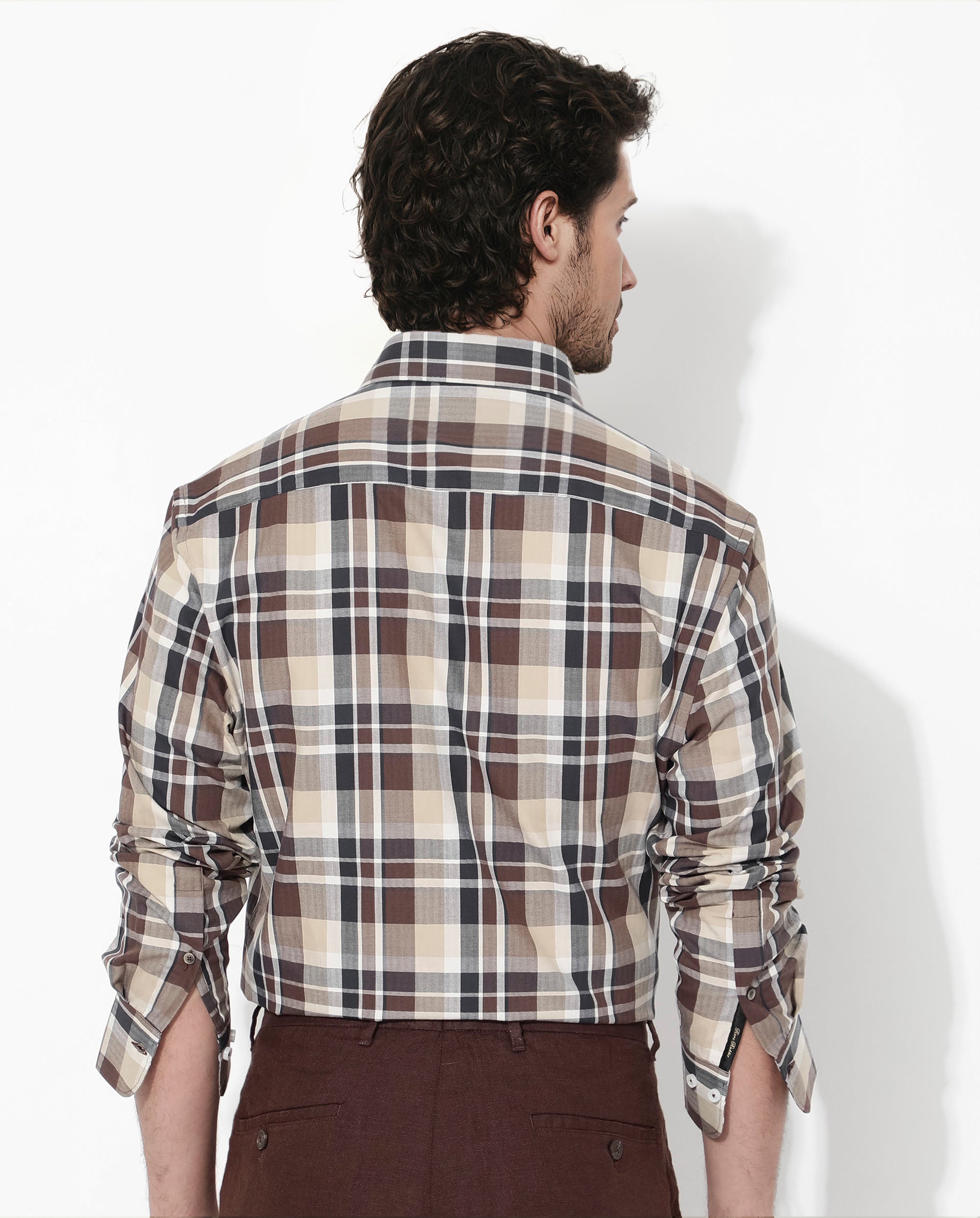 Rare Rabbit Men's Dae Brown Cotton Fabric Full Sleeve Regular Fit Collared Checks Shirt