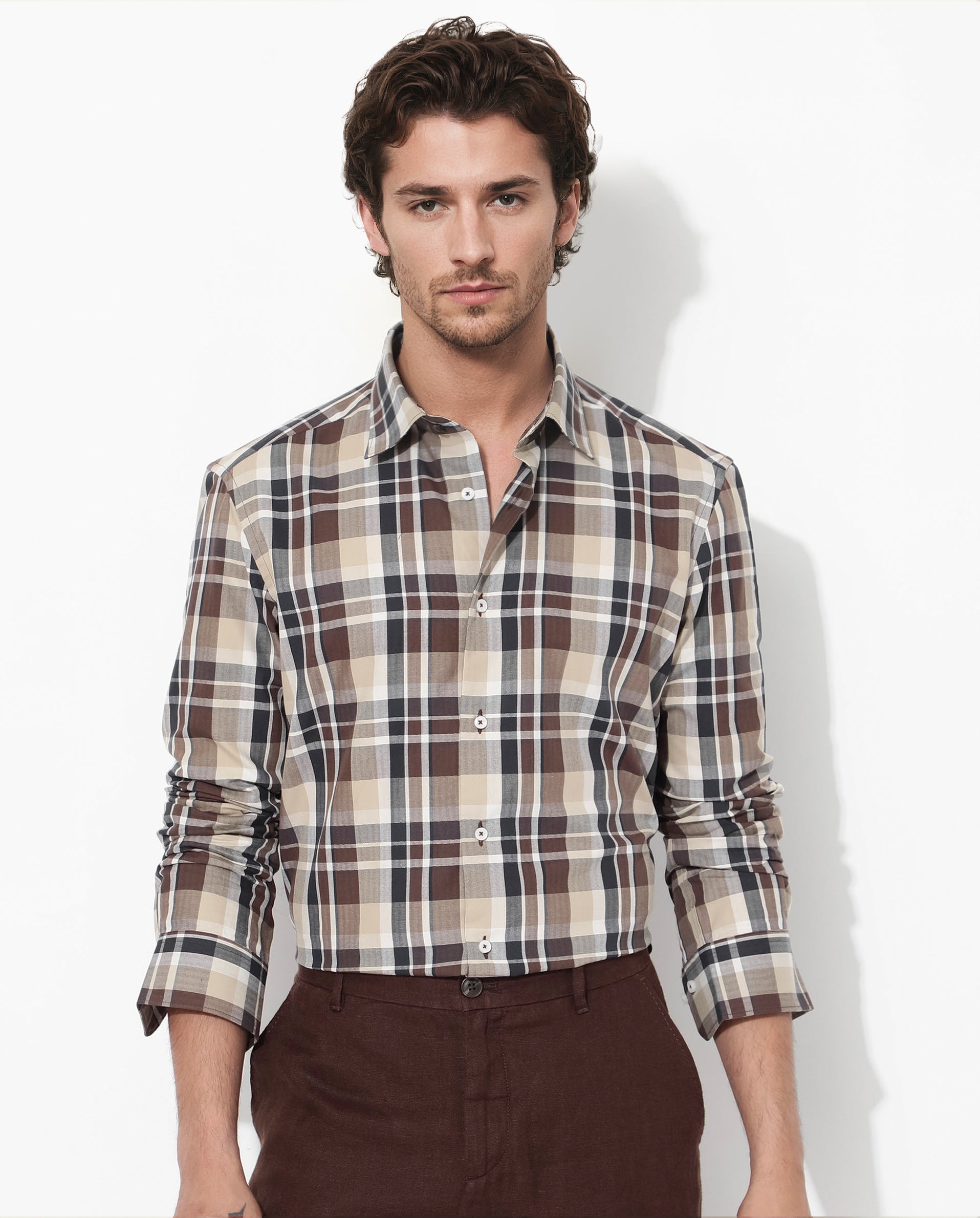 Rare Rabbit Men's Dae Brown Cotton Fabric Full Sleeve Regular Fit Collared Checks Shirt