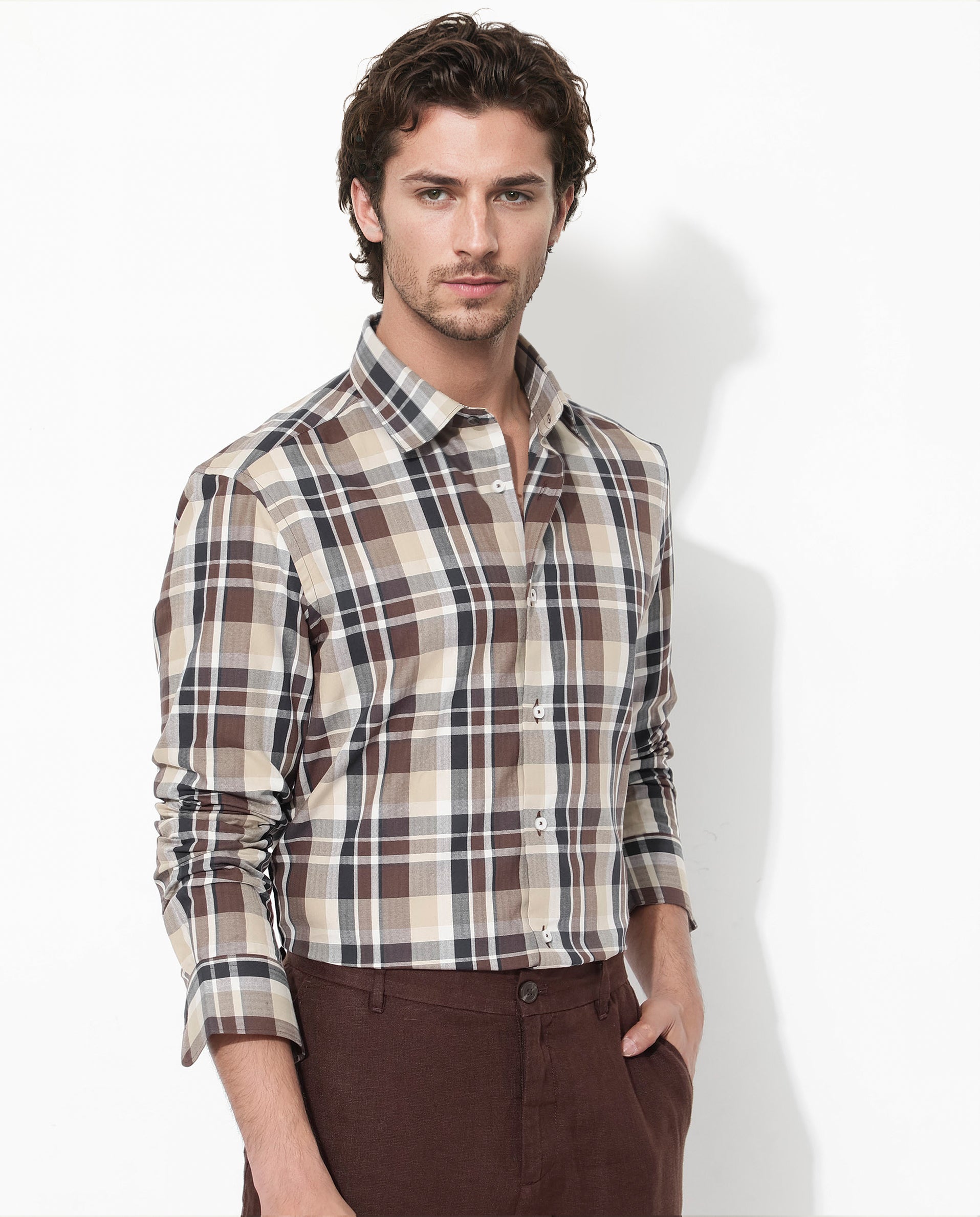 Rare Rabbit Men's Dae Brown Cotton Fabric Full Sleeve Regular Fit Collared Checks Shirt