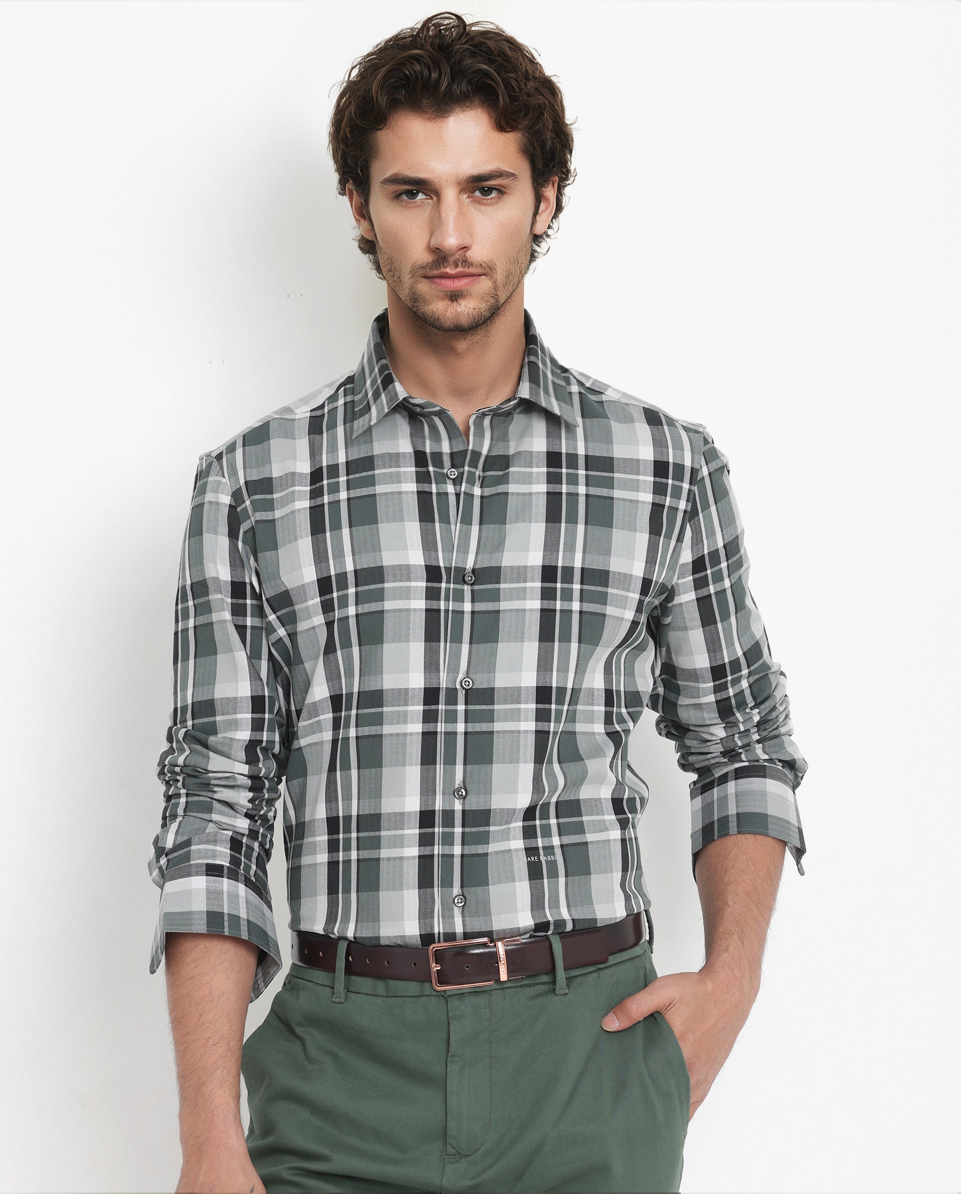 Rare Rabbit Men's Dae Green Cotton Fabric Full Sleeve Regular Fit Collared Checks Shirt