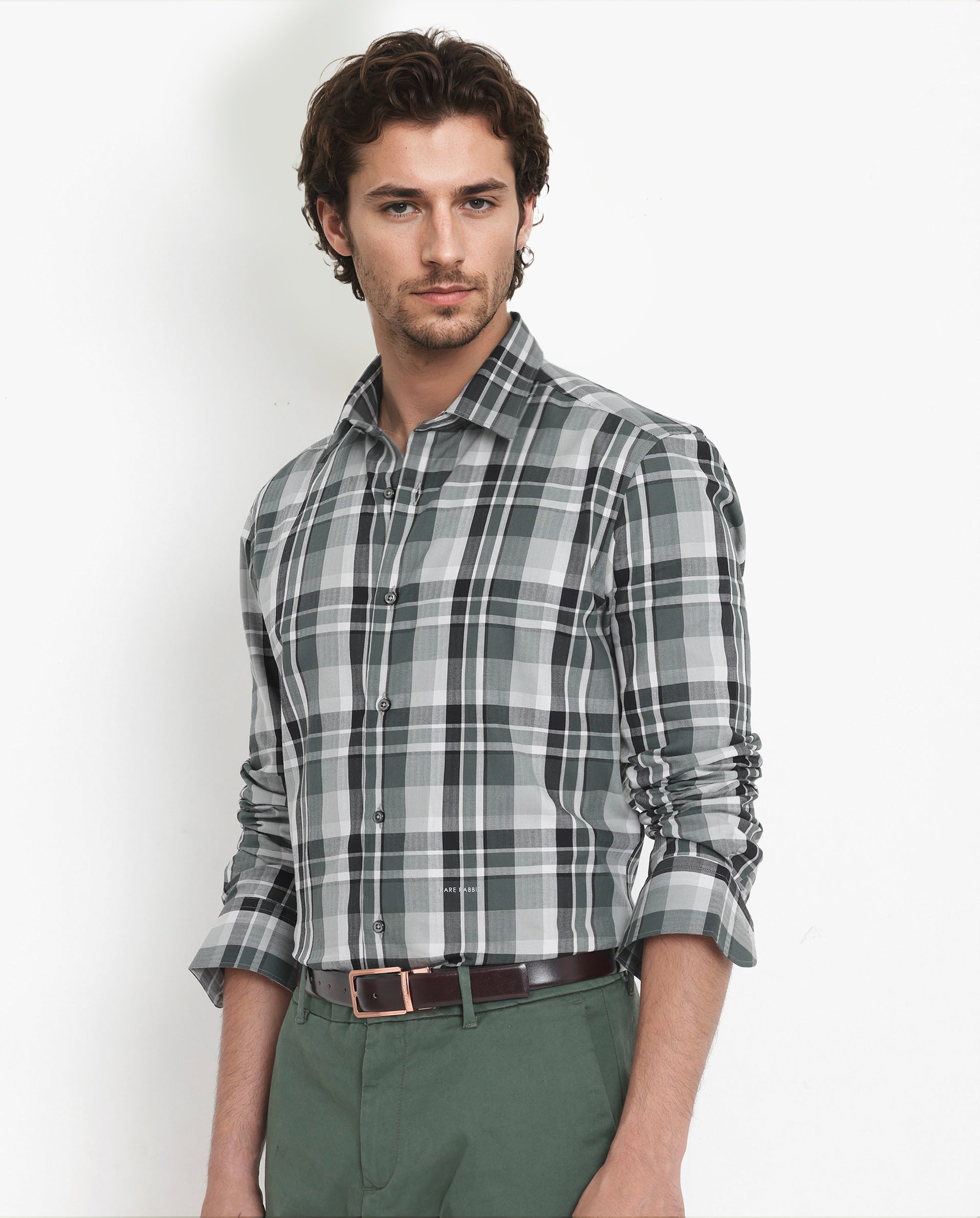 Rare Rabbit Men's Dae Green Cotton Fabric Full Sleeve Regular Fit Collared Checks Shirt