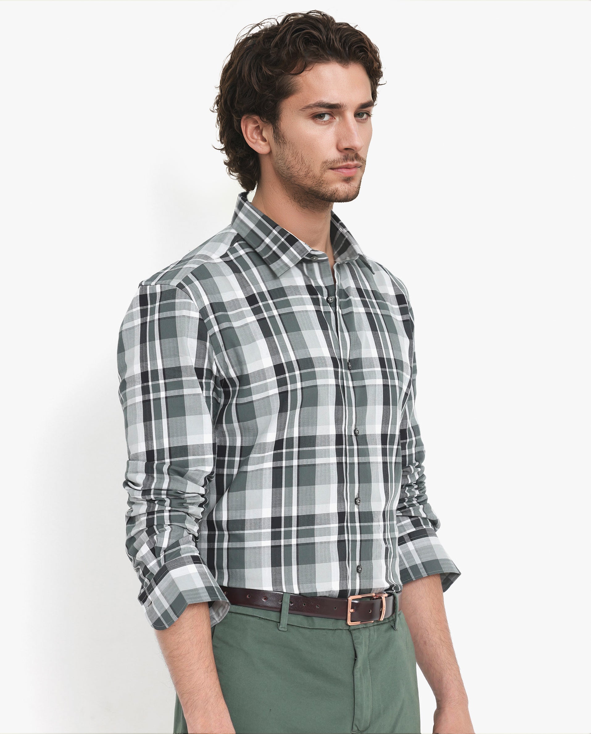 Rare Rabbit Men's Dae Green Cotton Fabric Full Sleeve Regular Fit Collared Checks Shirt