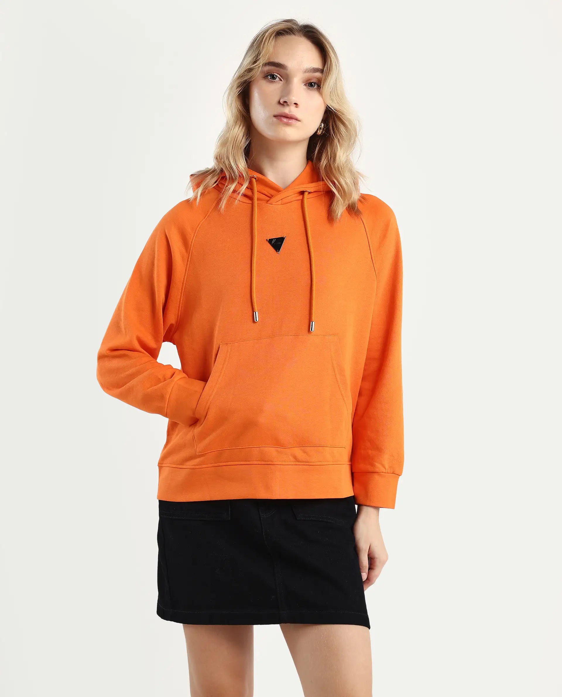 Rareism Women's Dae Orange Cotton Blend Hooded Plain Relaxed Fit Sweatshirt