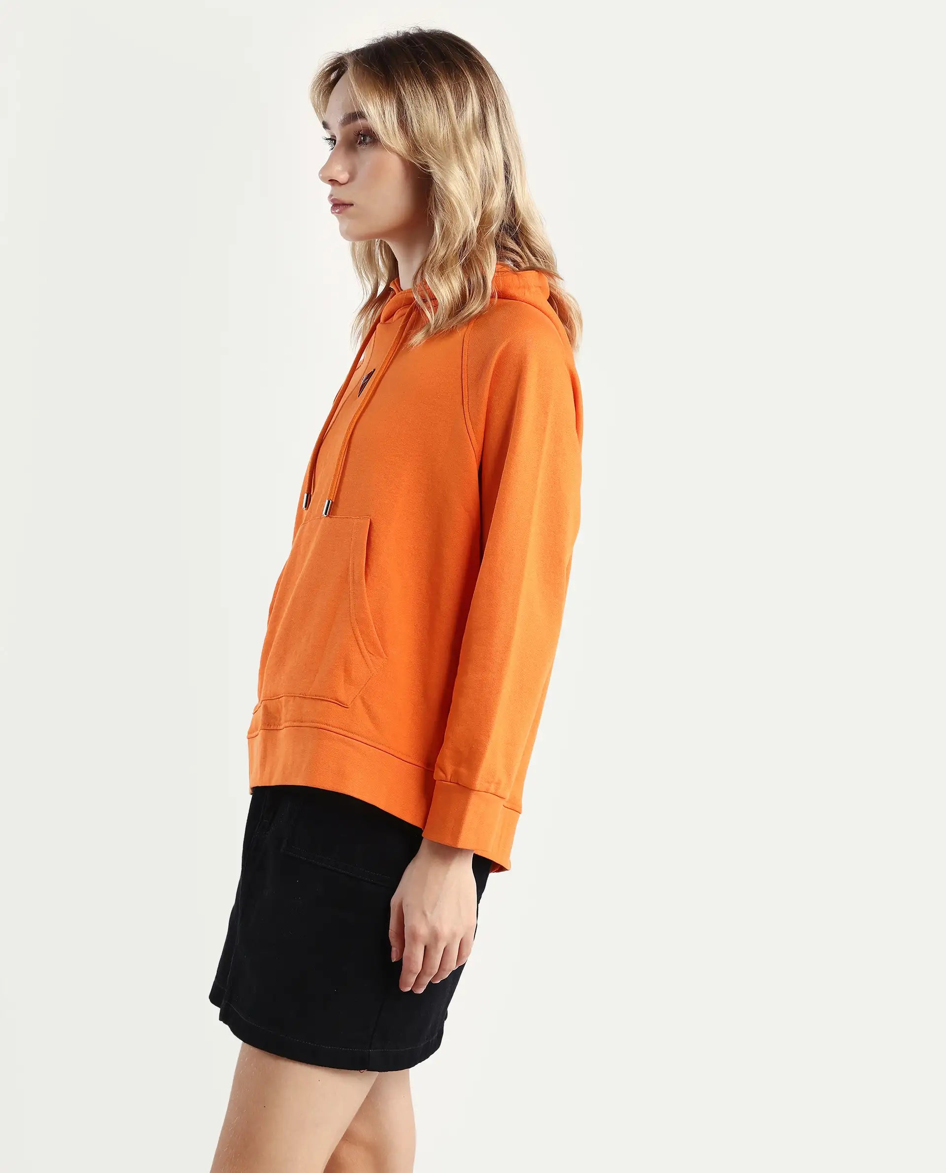 Rareism Women's Dae Orange Cotton Blend Hooded Plain Relaxed Fit Sweatshirt