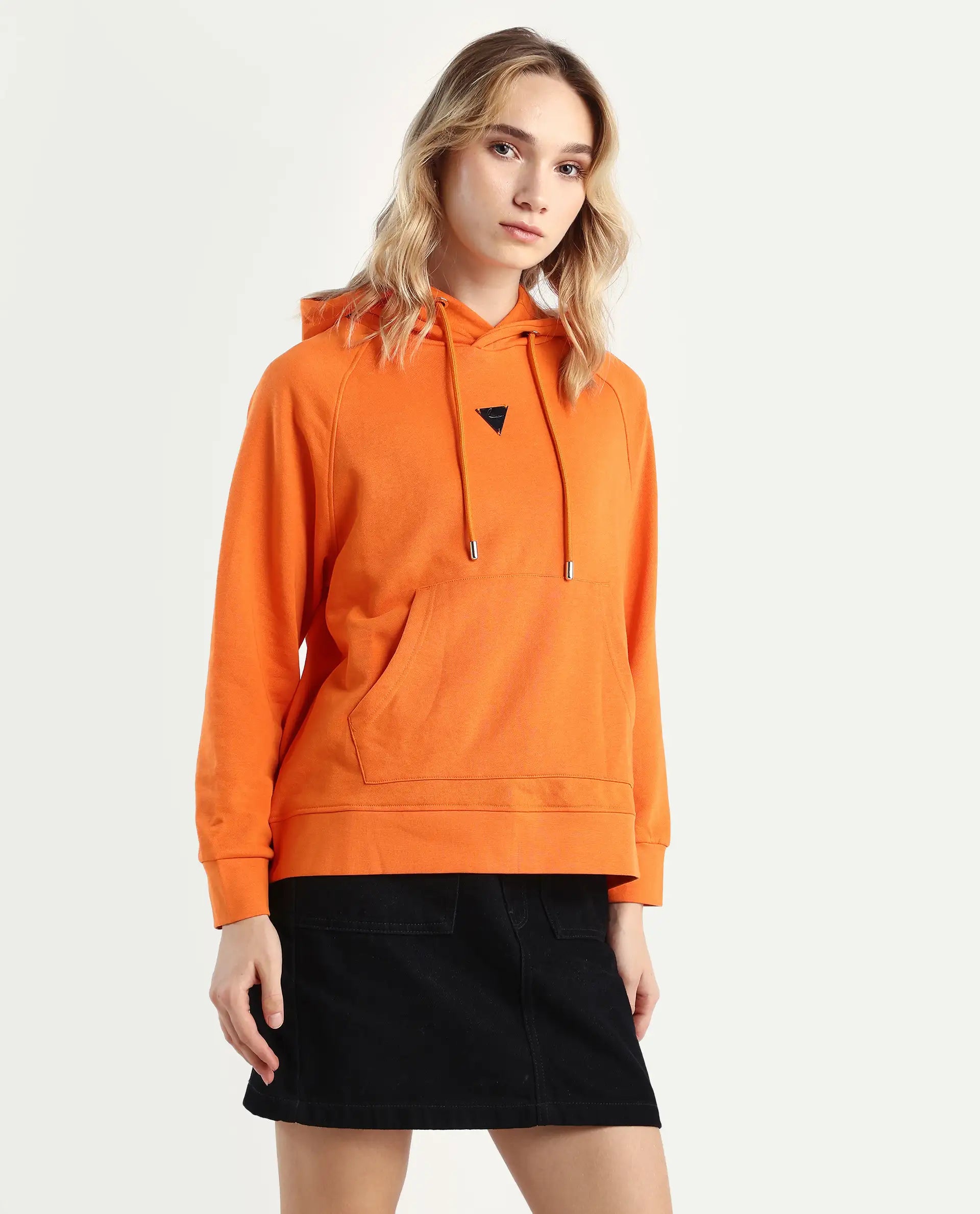 Rareism Women's Dae Orange Cotton Blend Hooded Plain Relaxed Fit Sweatshirt