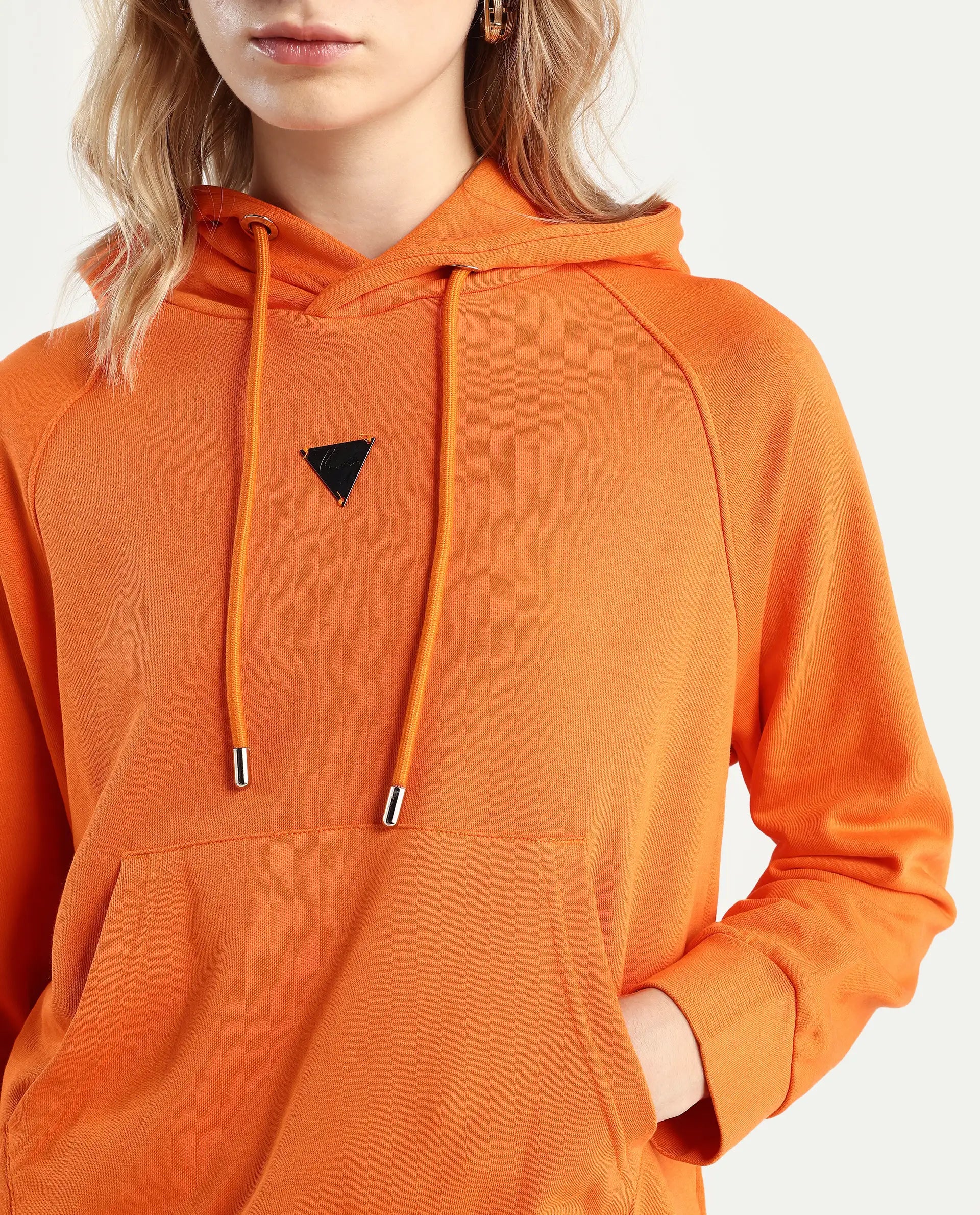 Rareism Women's Dae Orange Cotton Blend Hooded Plain Relaxed Fit Sweatshirt