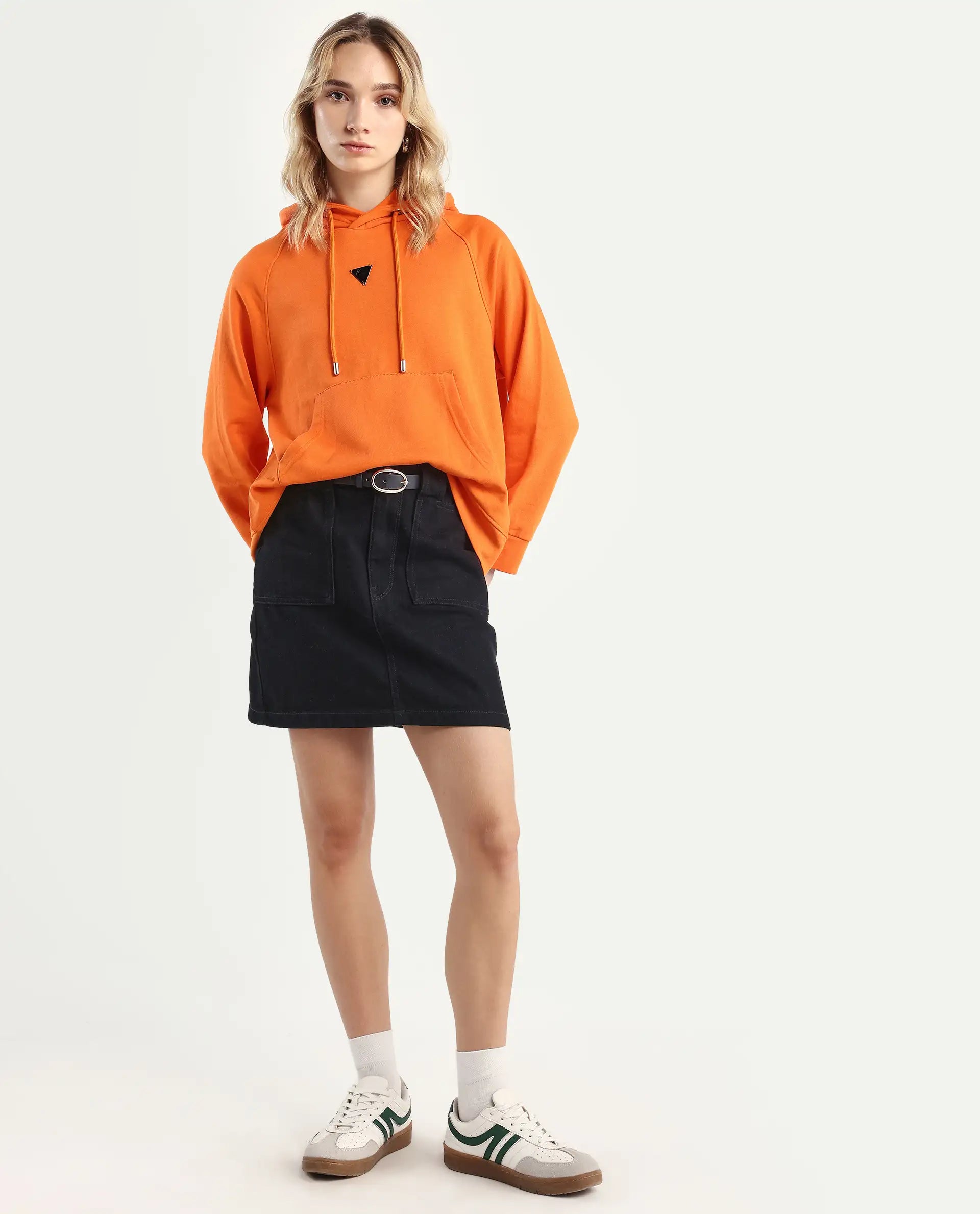 Rareism Women's Dae Orange Cotton Blend Hooded Plain Relaxed Fit Sweatshirt