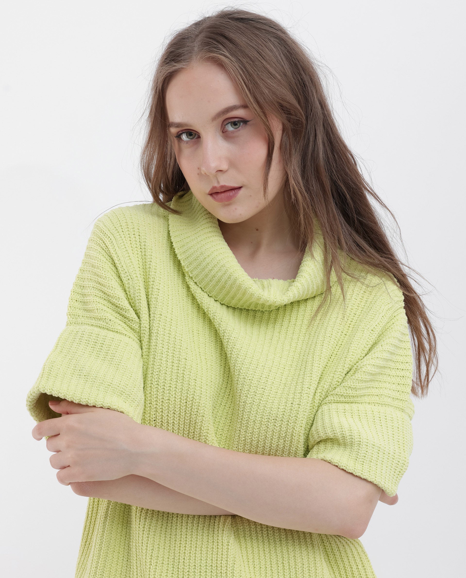 Rareism Women Daffy 1 Flouroscent Yellow Sweater Cowl Neck