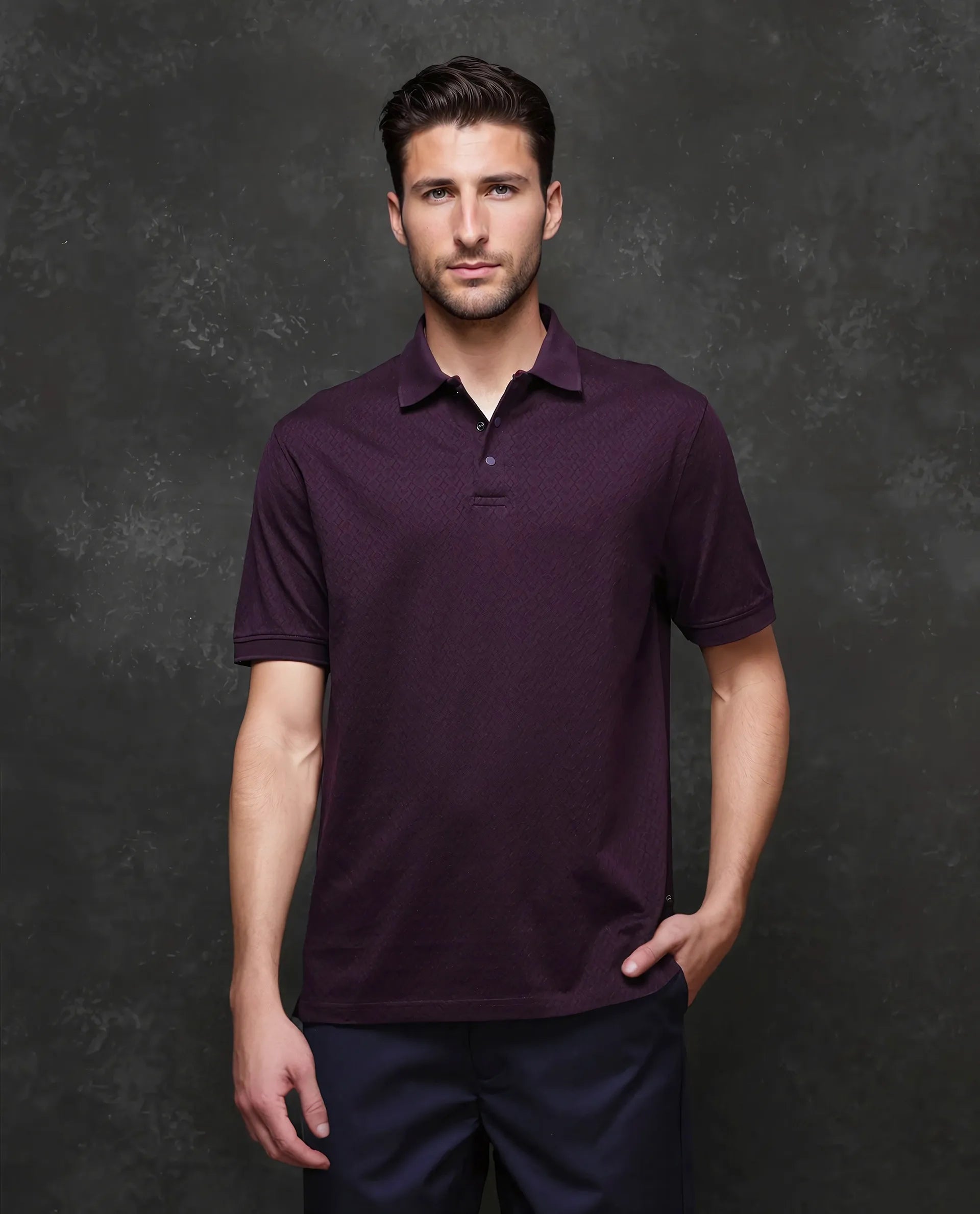 Rare Rabbit Men's Dafo-1 Purple Cotton Fabric Short Sleeve Collared Neck Button Closure Jacquard Polo