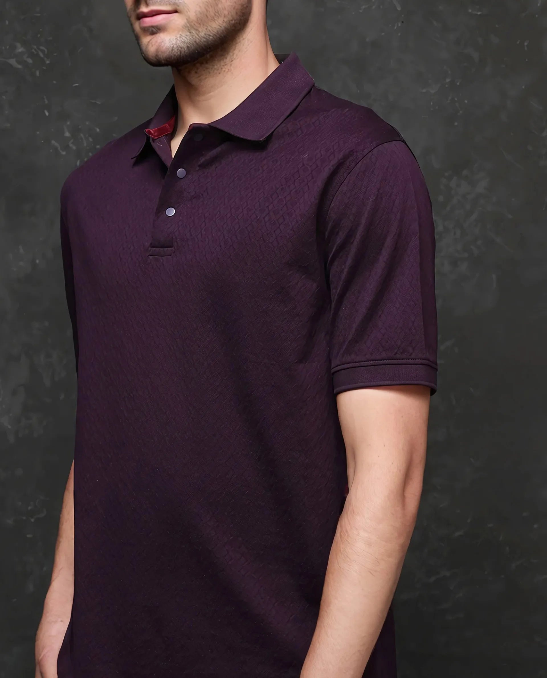 Rare Rabbit Men's Dafo-1 Purple Cotton Fabric Short Sleeve Collared Neck Button Closure Jacquard Polo
