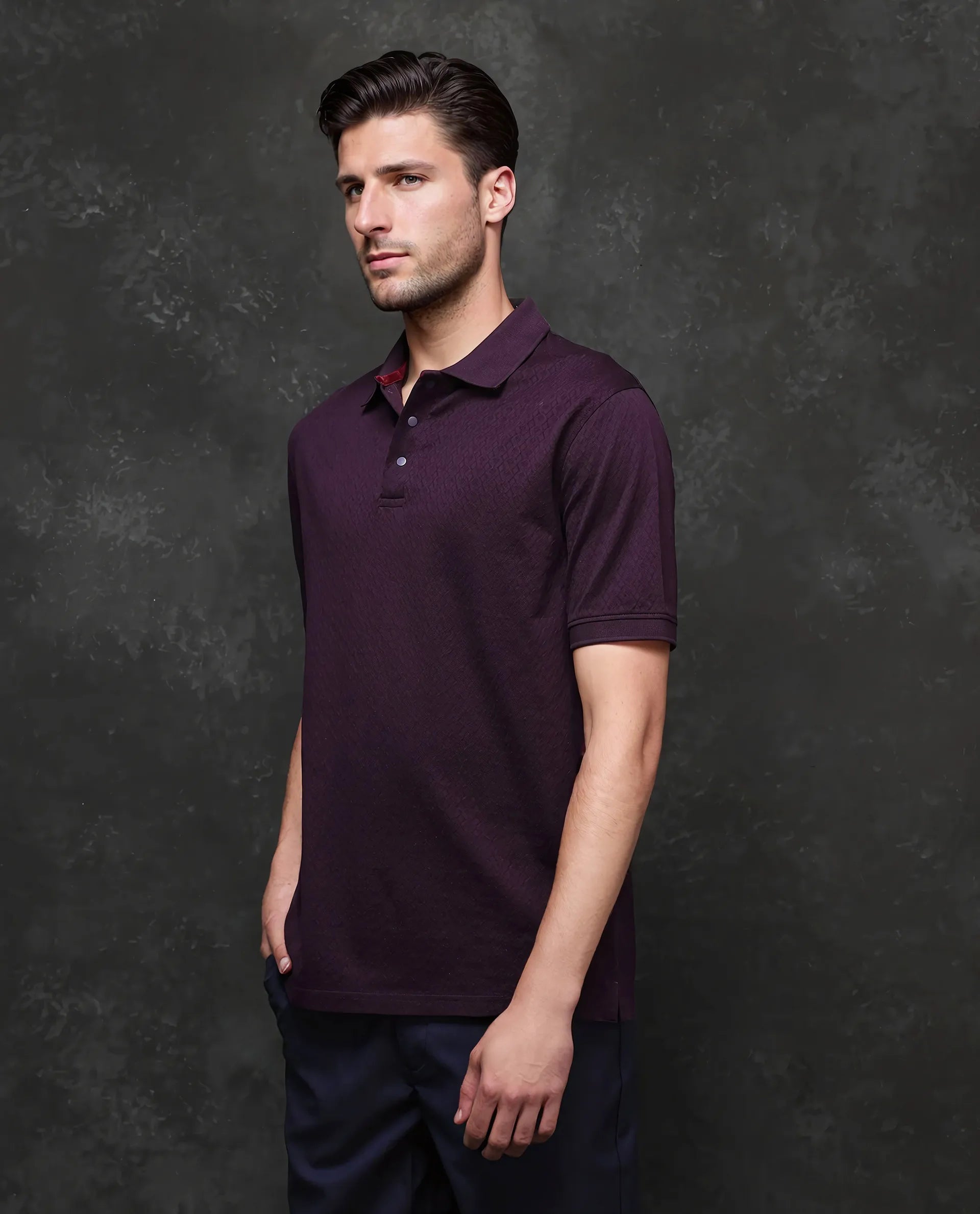 Rare Rabbit Men's Dafo-1 Purple Cotton Fabric Short Sleeve Collared Neck Button Closure Jacquard Polo