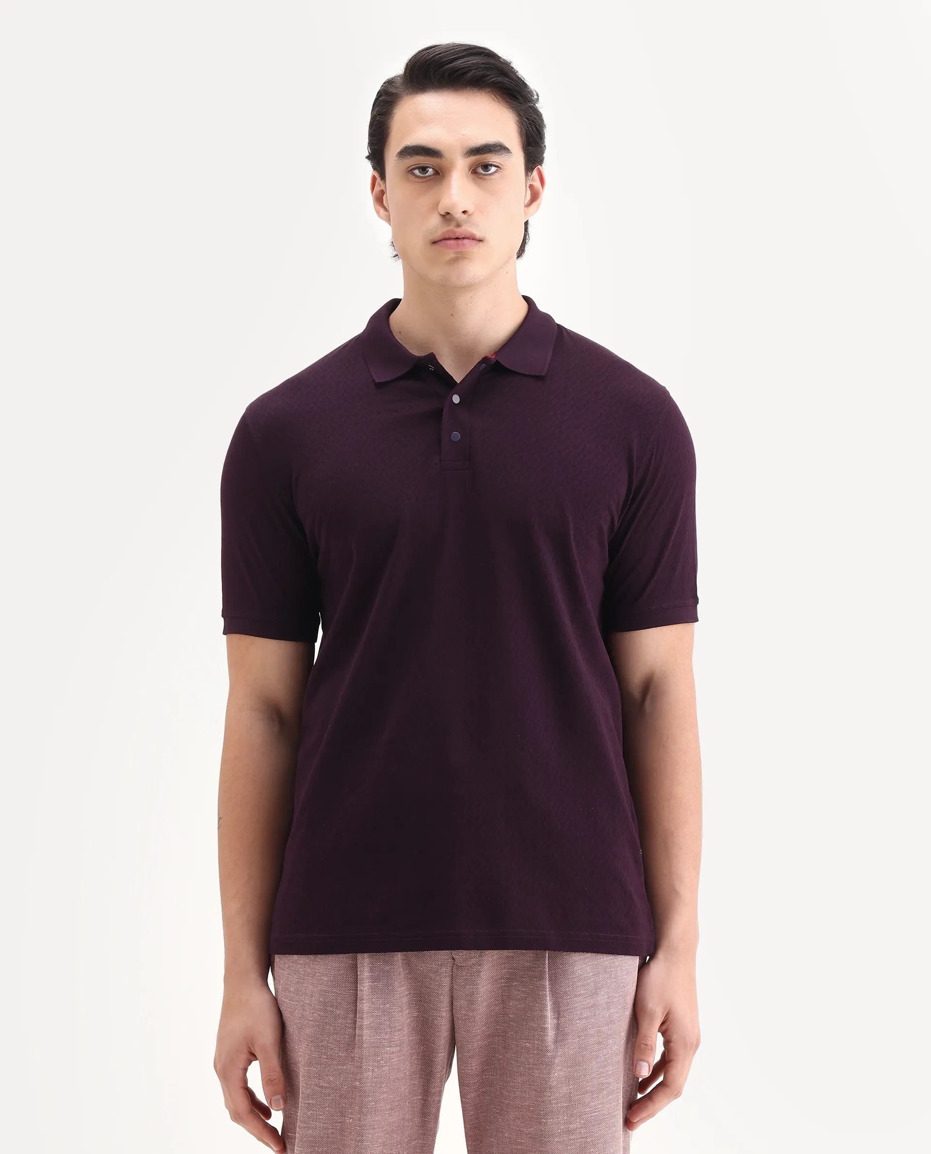 Rare Rabbit Men's Guild Statement Dafo Purple Cotton Jacquard Regular Fit Half Sleeve Polo