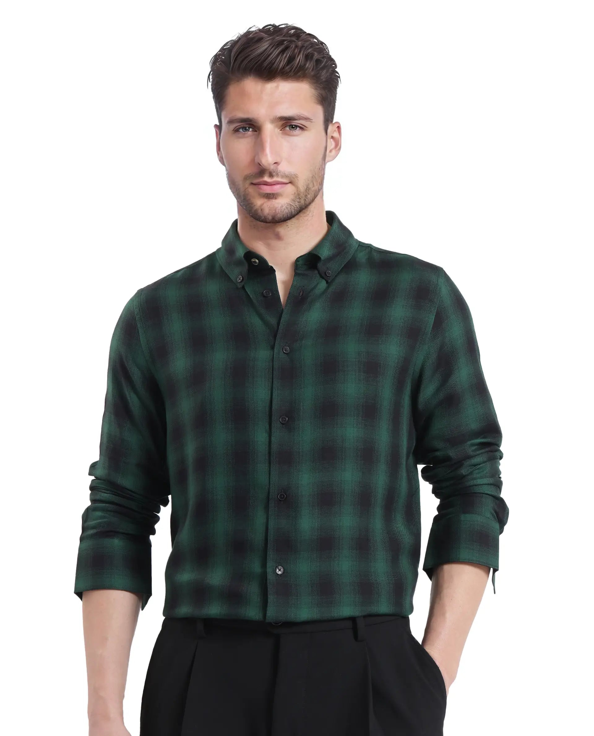 Rare Rabbit Men's Dahme Green Cotton Fabric Full Sleeve Collared Neck Button Closure Checked Shirt