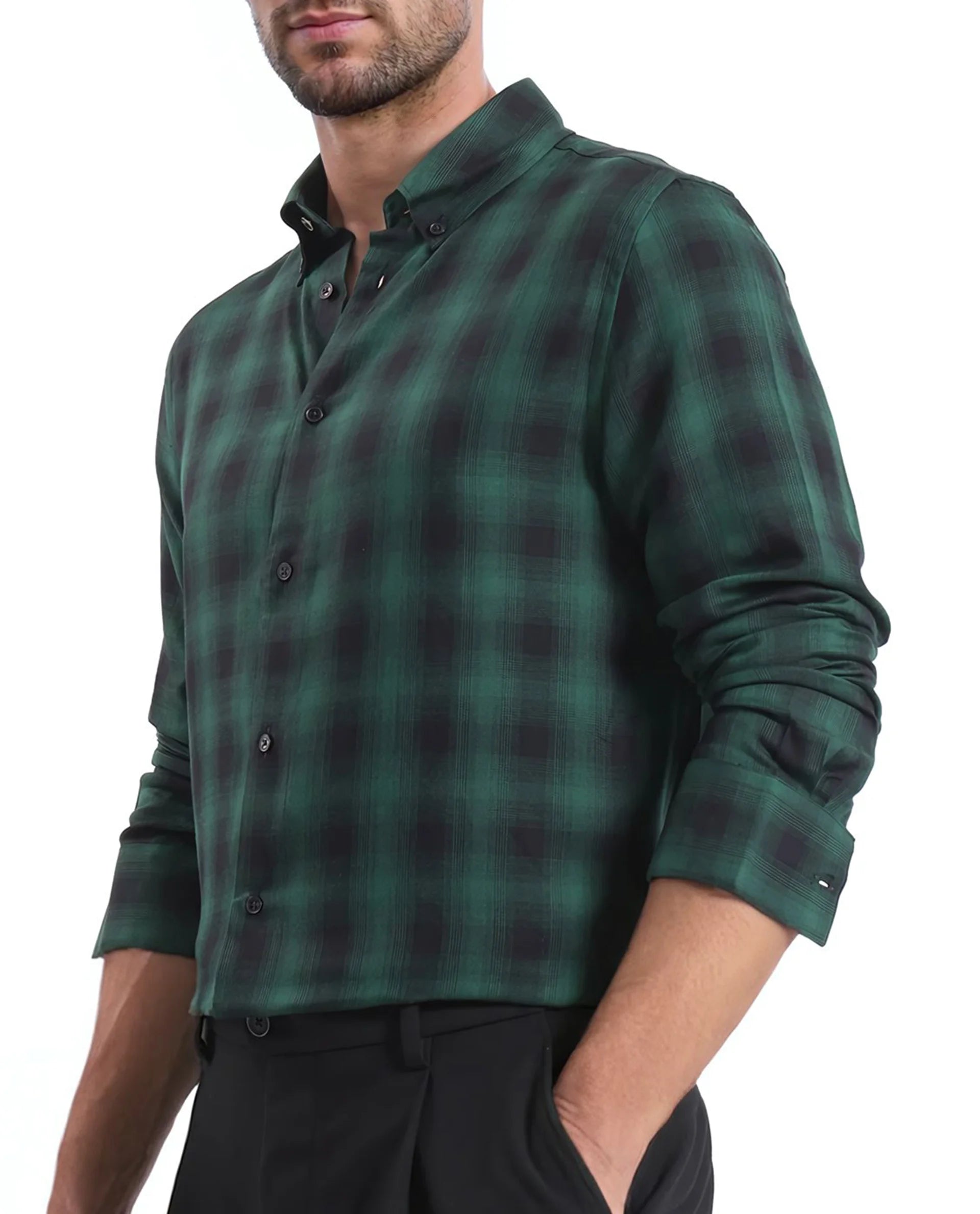 Rare Rabbit Men's Dahme Green Cotton Fabric Full Sleeve Collared Neck Button Closure Checked Shirt