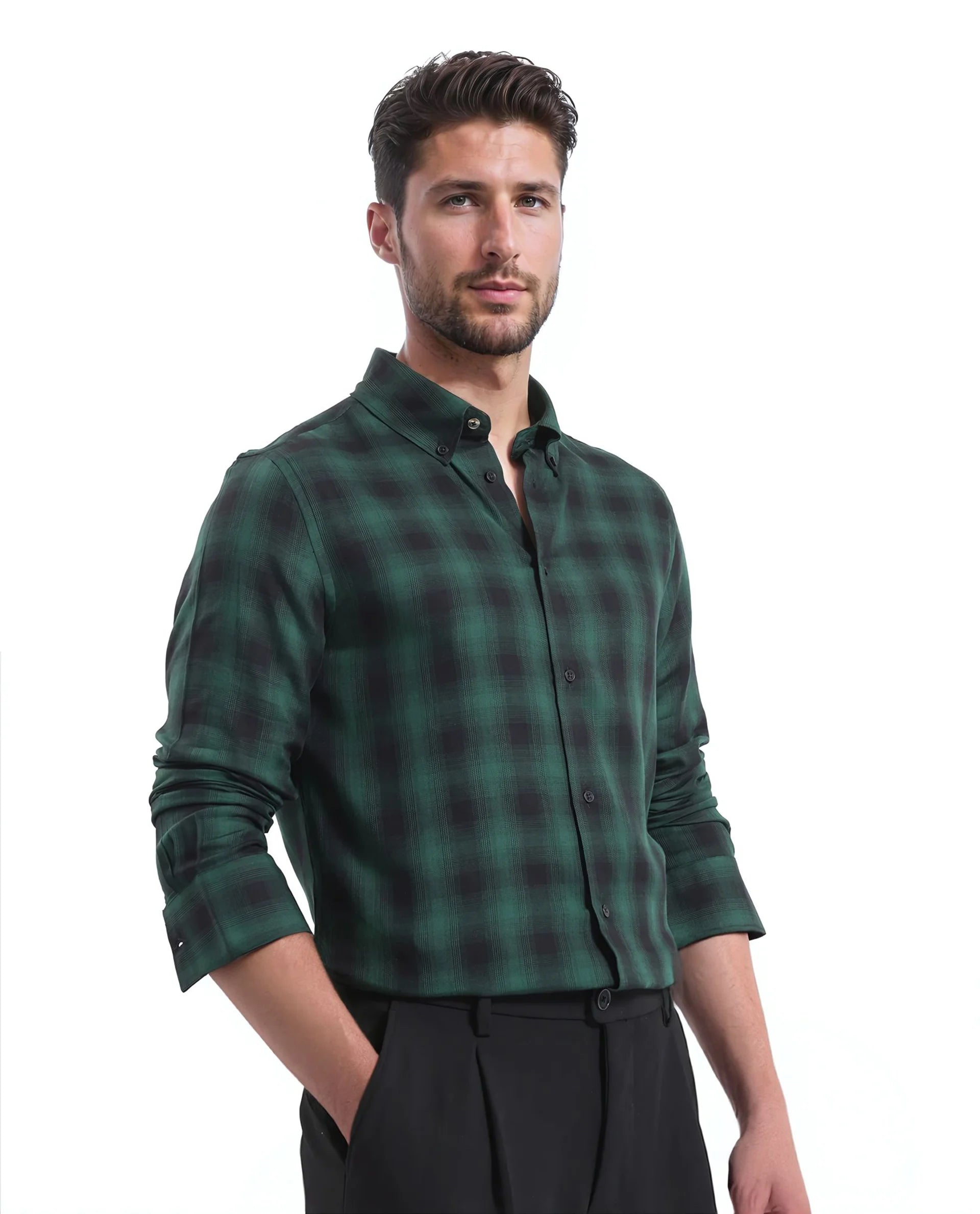 Rare Rabbit Men's Dahme Green Cotton Fabric Full Sleeve Collared Neck Button Closure Checked Shirt