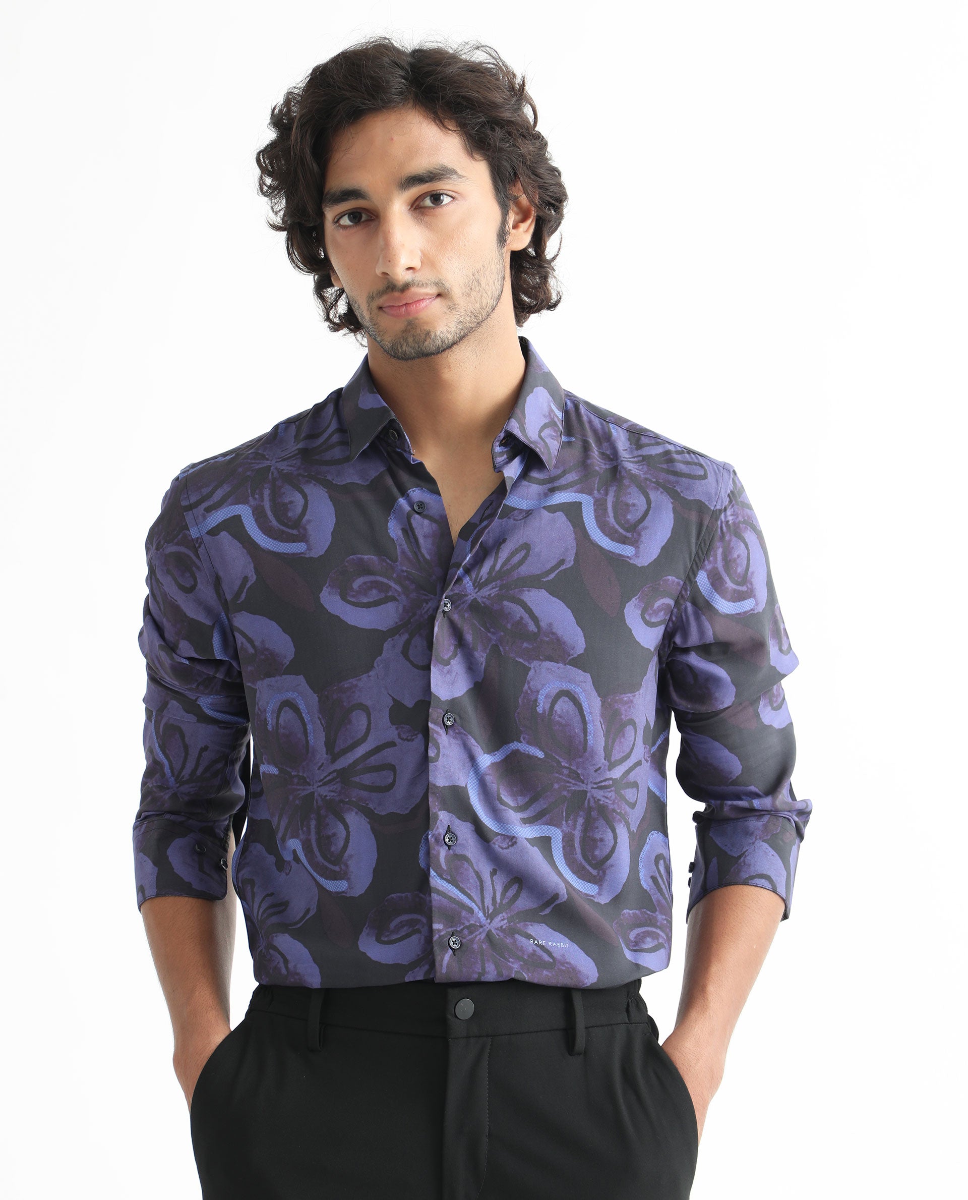 Rare Rabbit Men's Daize Purple Viscose Fabric Full Sleeves Regular Fit Floral Print Shirt