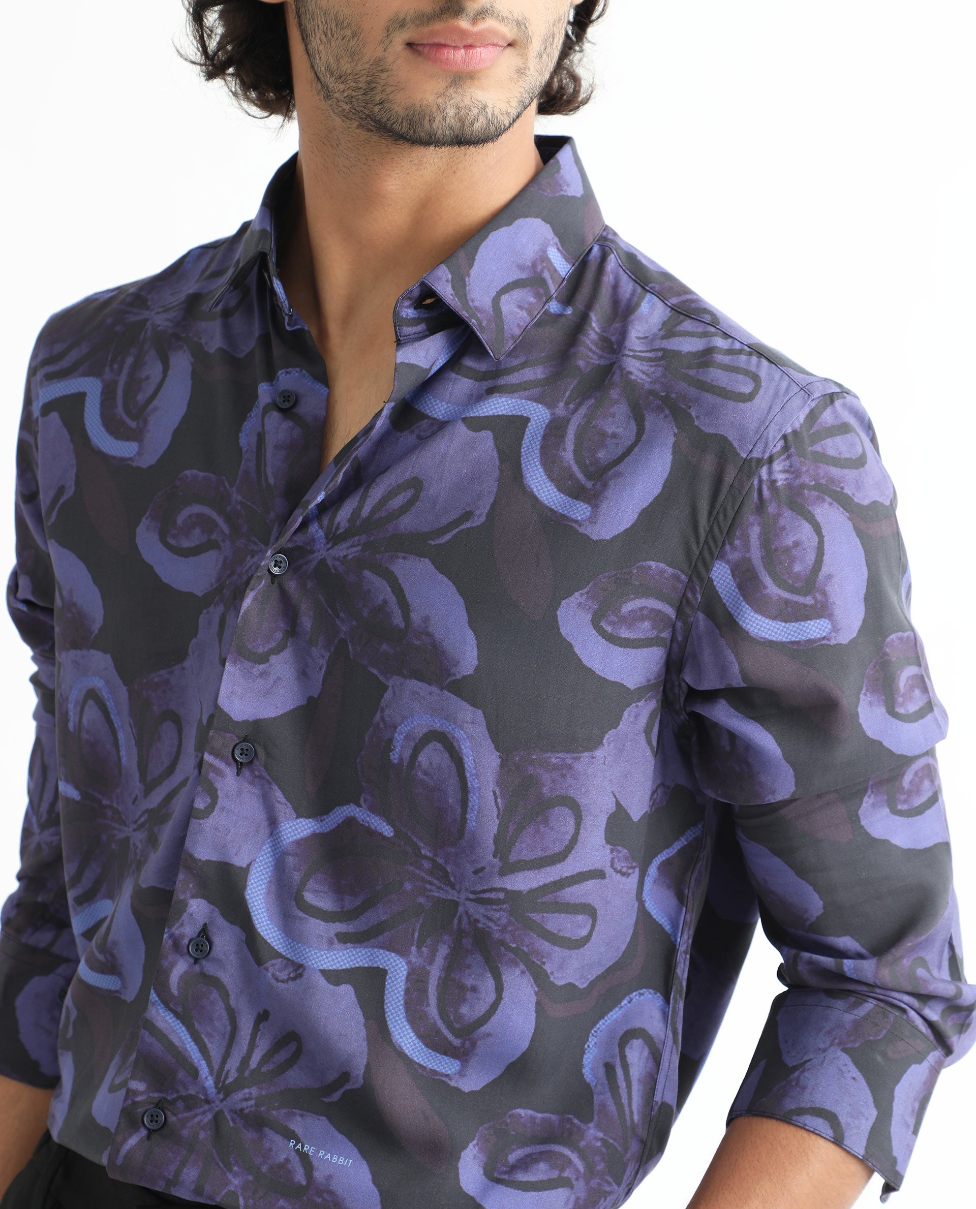 Rare Rabbit Men's Daize Purple Viscose Fabric Full Sleeves Regular Fit Floral Print Shirt