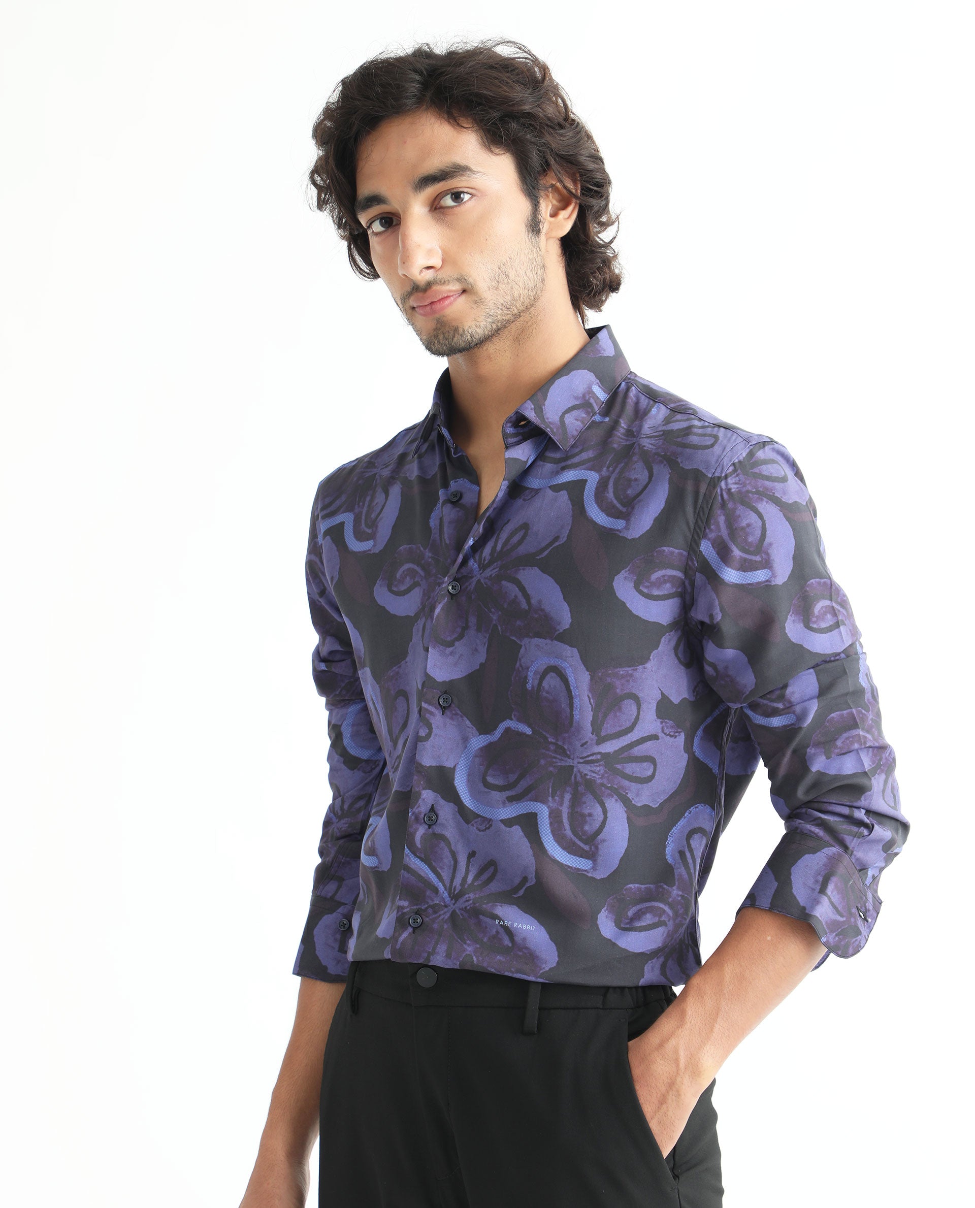 Rare Rabbit Men's Daize Purple Viscose Fabric Full Sleeves Regular Fit Floral Print Shirt