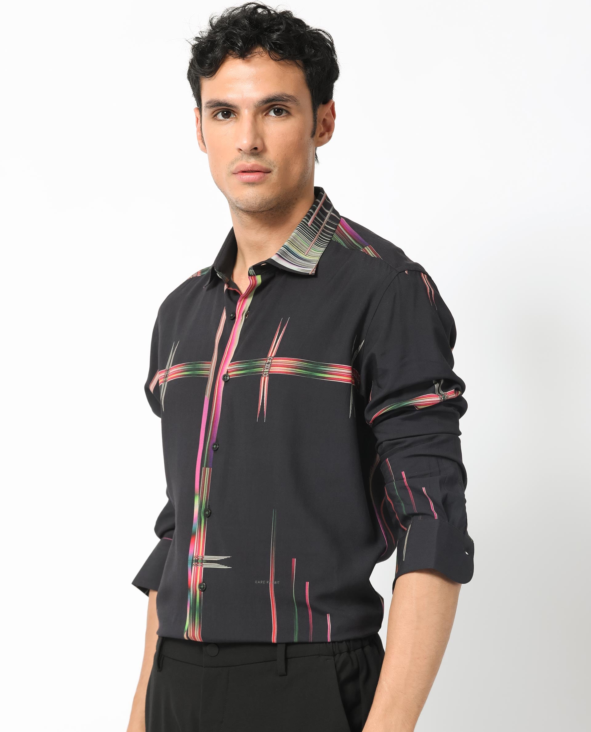 Rare Rabbit Men's Dale Black Viscose Fabric Abstract Print Full Sleeves Shirt