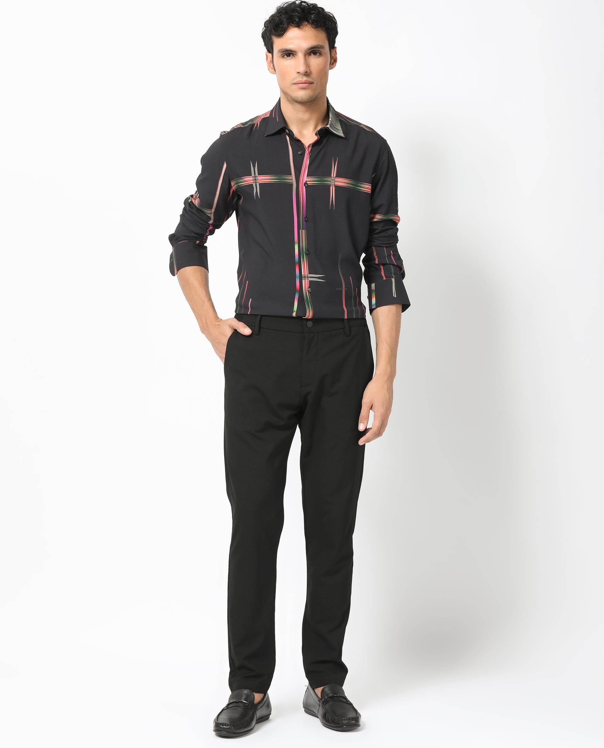 Rare Rabbit Men's Dale Black Viscose Fabric Abstract Print Full Sleeves Shirt
