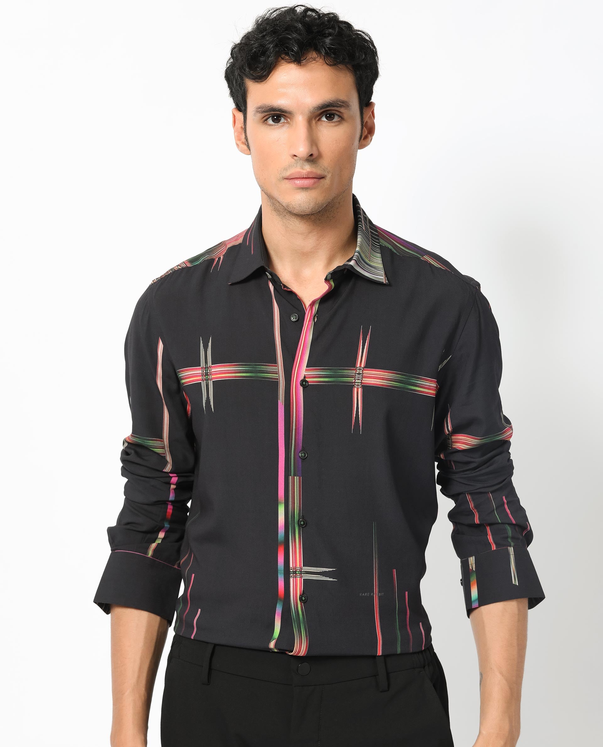 Rare Rabbit Men's Dale Black Viscose Fabric Abstract Print Full Sleeves Shirt