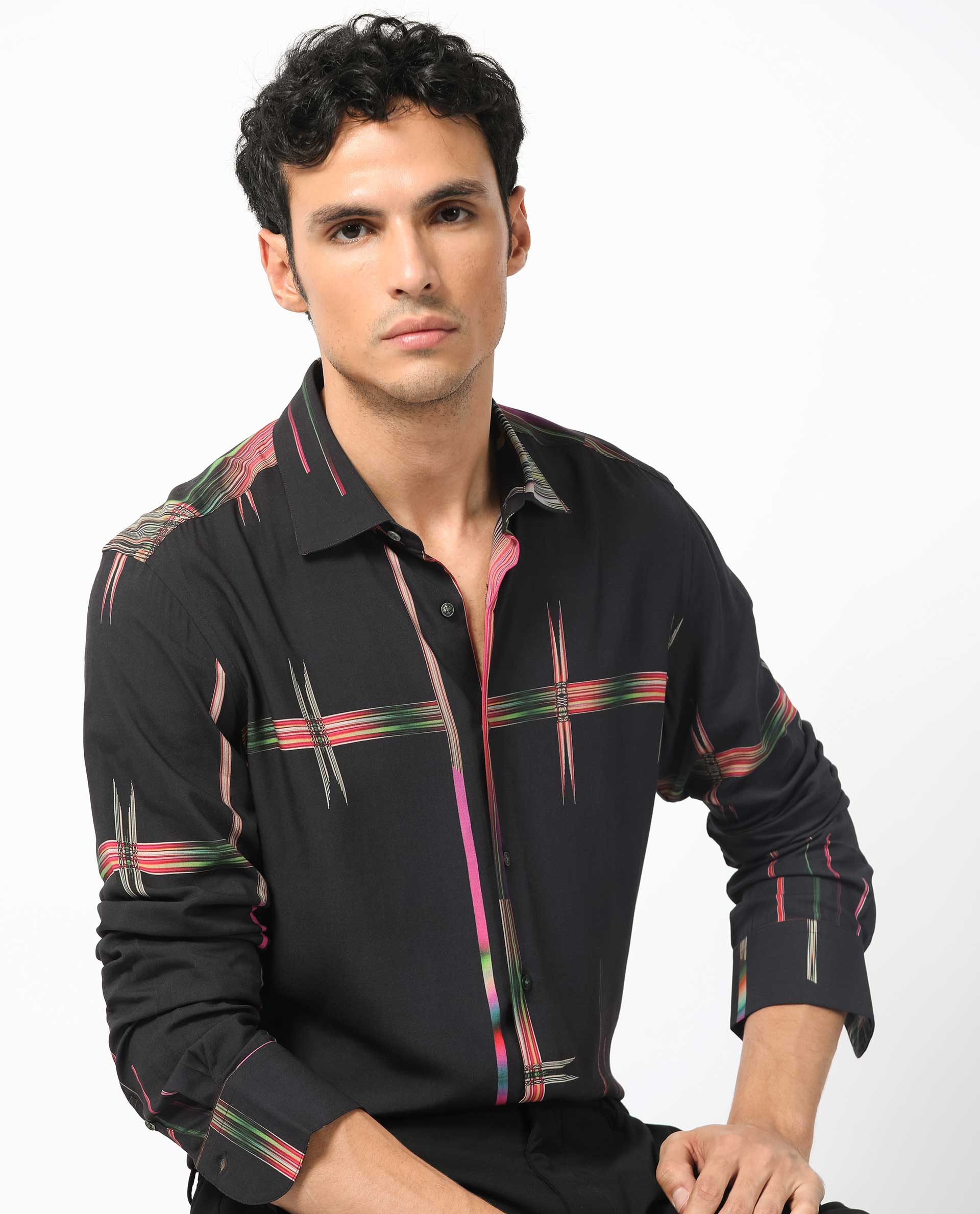 Rare Rabbit Men's Dale Black Viscose Fabric Abstract Print Full Sleeves Shirt