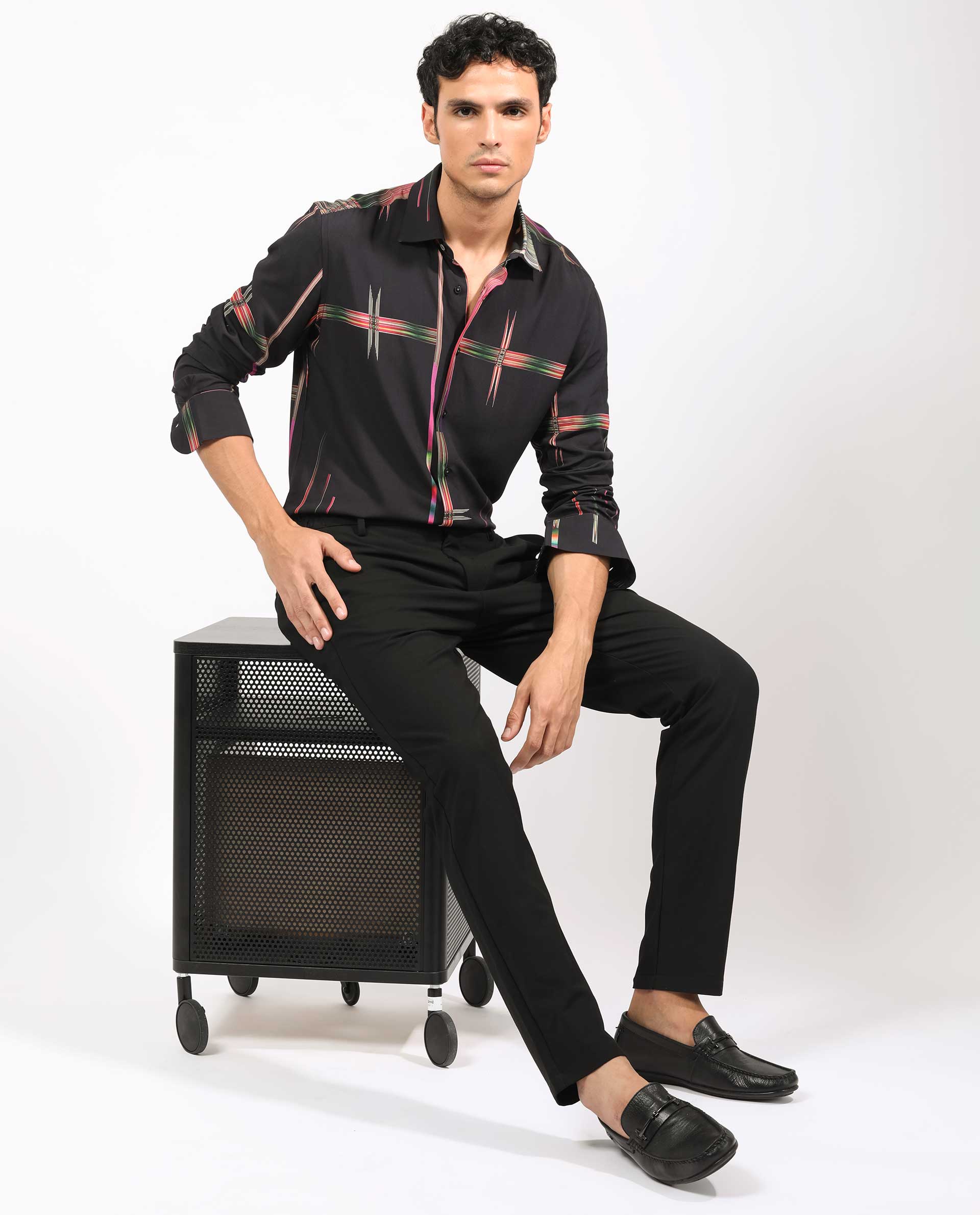 Rare Rabbit Men's Dale Black Viscose Fabric Abstract Print Full Sleeves Shirt