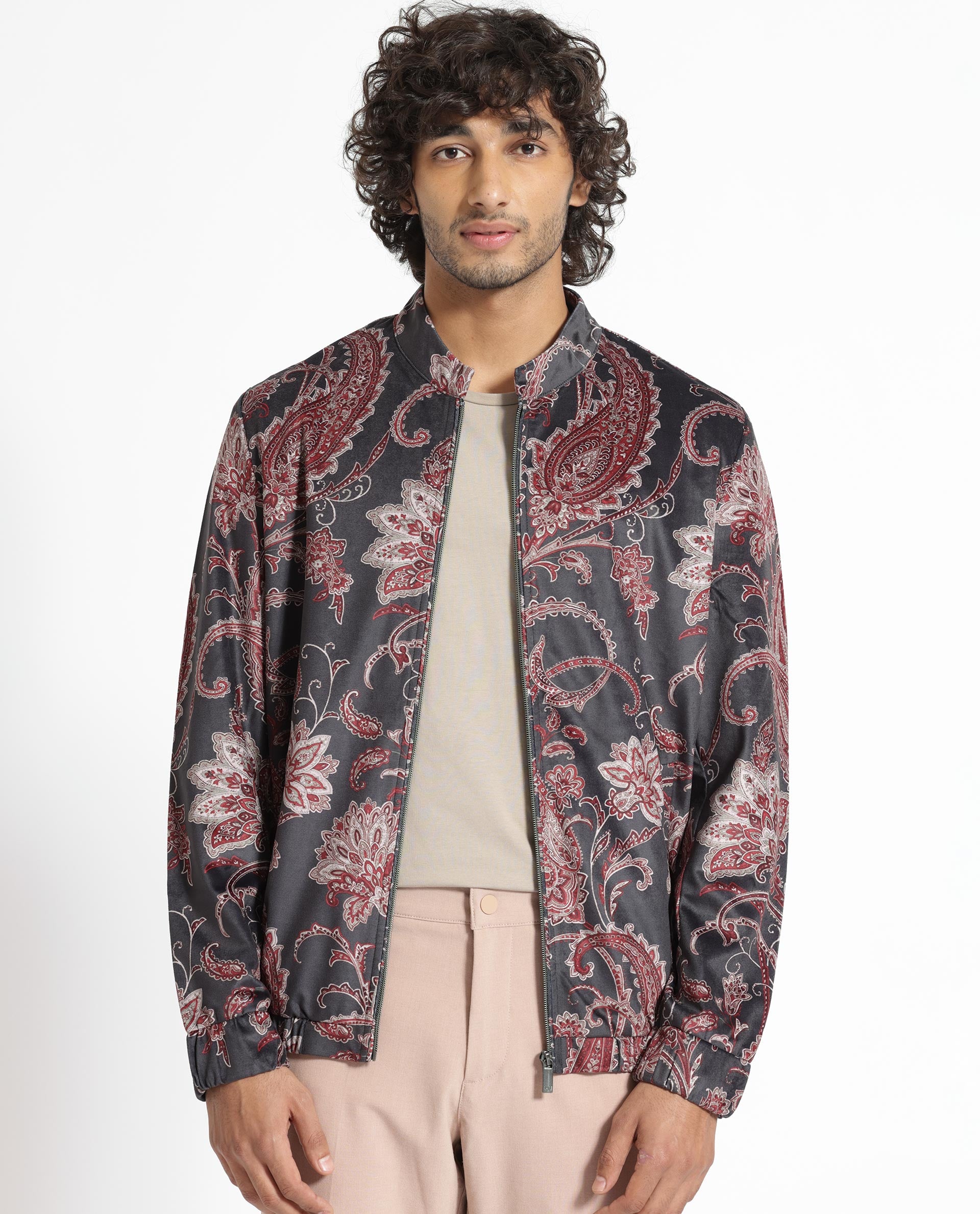 Rare Rabbit Men's Dalia Black Paisley Printed Velvet Smart Jacket