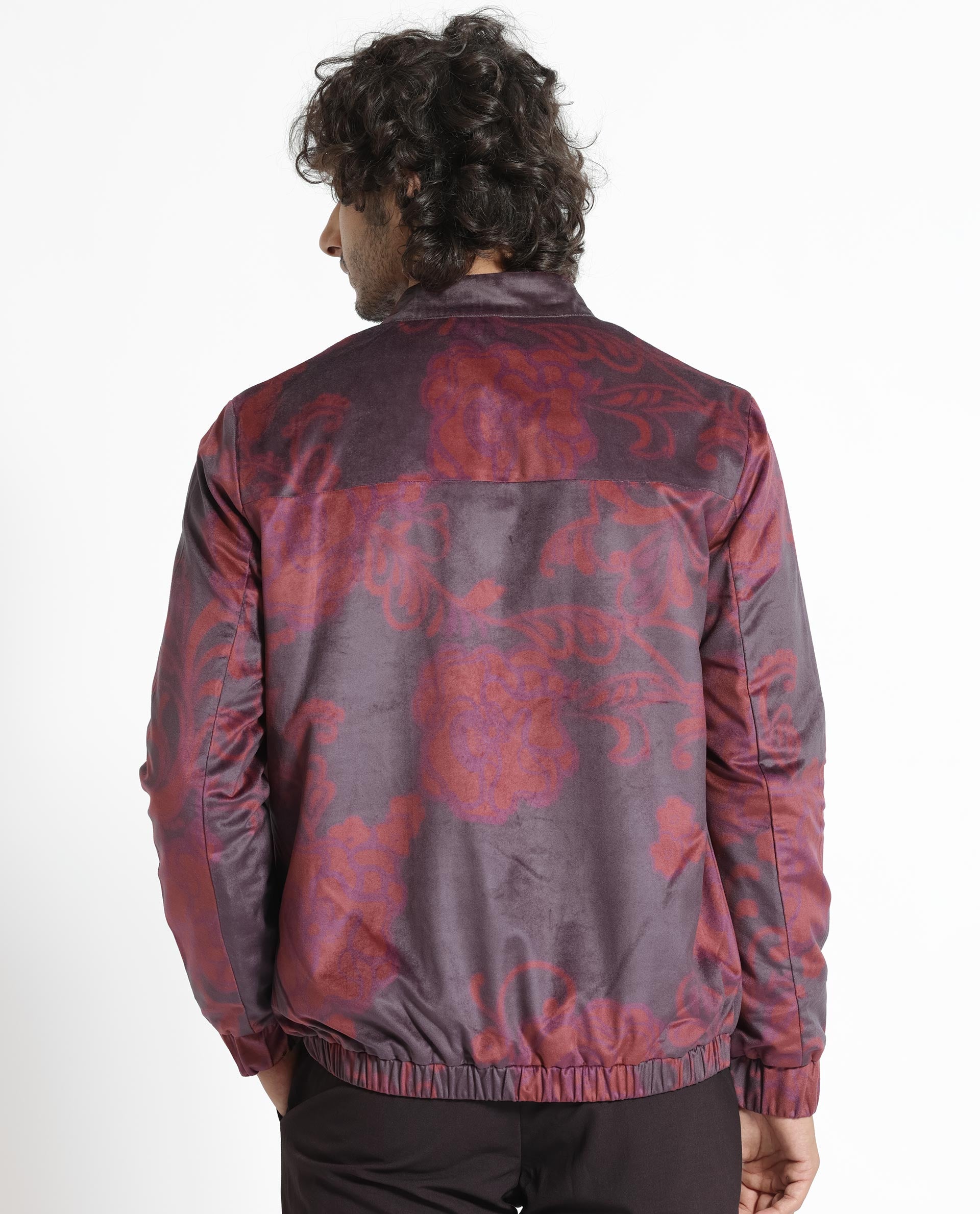 Rare Rabbit Men's Dalia Dark Maroon Paisley Printed Velvet Smart Jacket