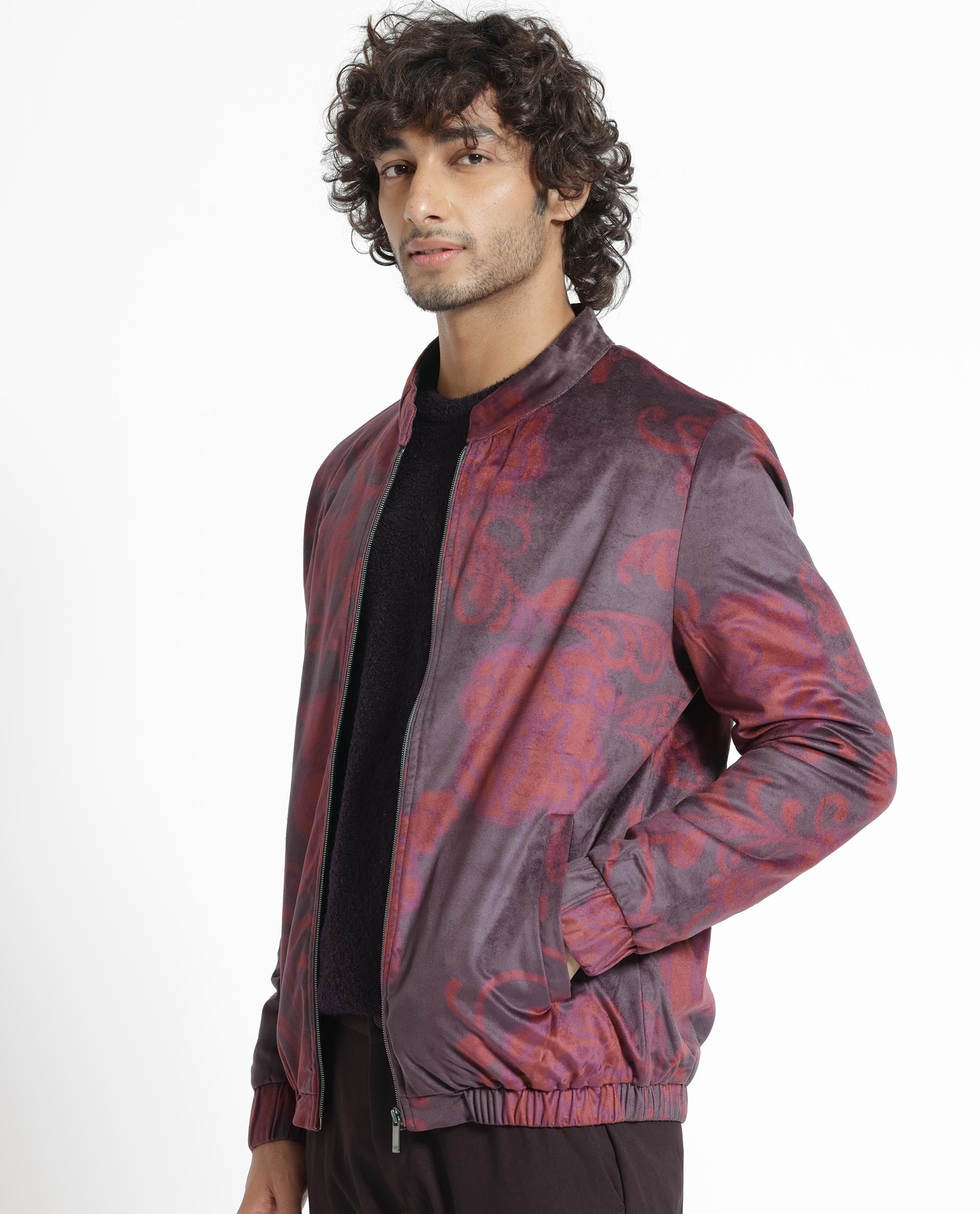 Rare Rabbit Men's Dalia Dark Maroon Paisley Printed Velvet Smart Jacket
