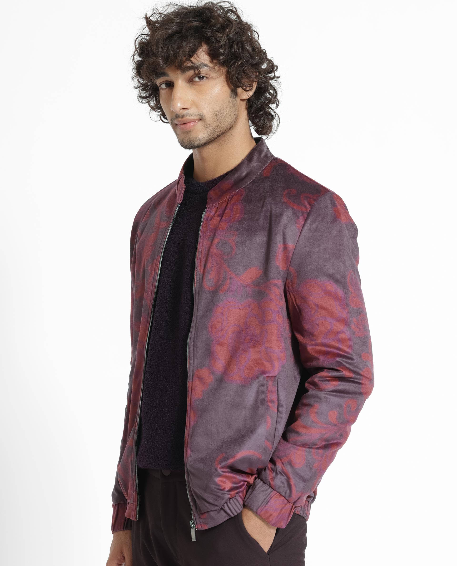 Rare Rabbit Men's Dalia Dark Maroon Paisley Printed Velvet Smart Jacket