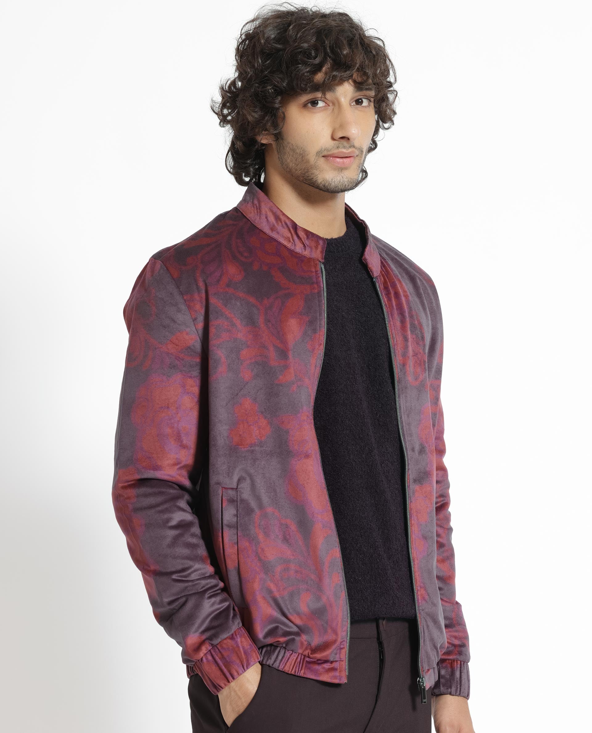 Rare Rabbit Men's Dalia Dark Maroon Paisley Printed Velvet Smart Jacket