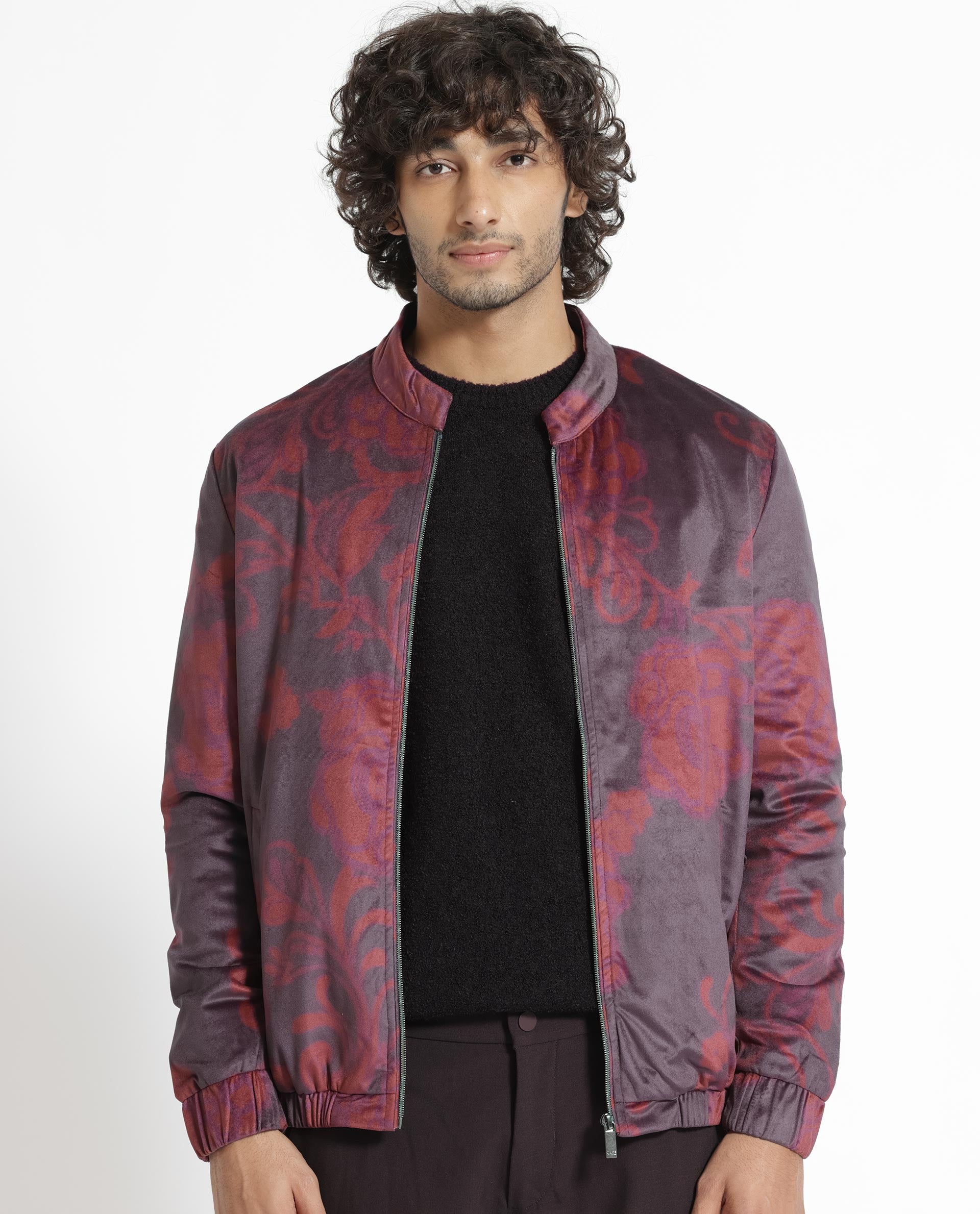 Rare Rabbit Men's Dalia Dark Maroon Paisley Printed Velvet Smart Jacket