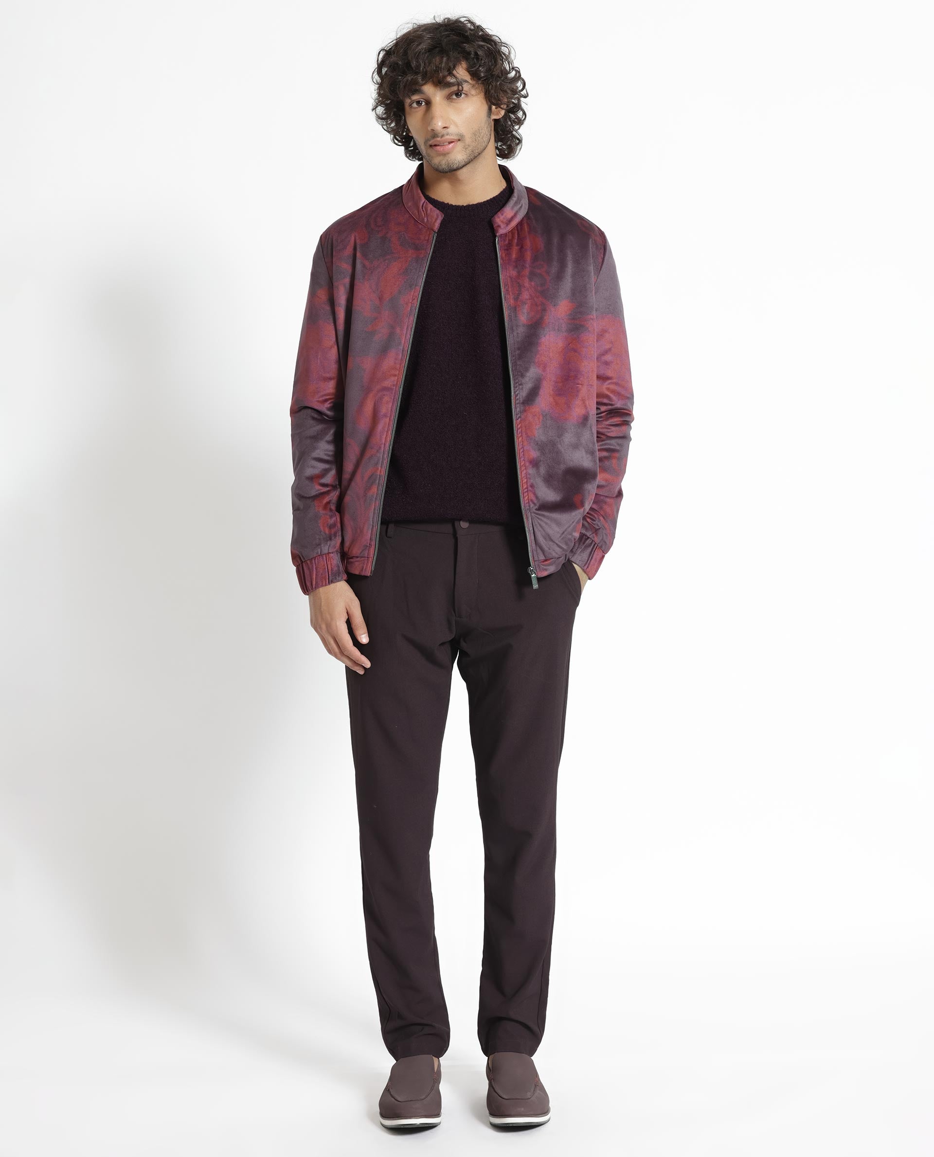 Rare Rabbit Men's Dalia Dark Maroon Paisley Printed Velvet Smart Jacket