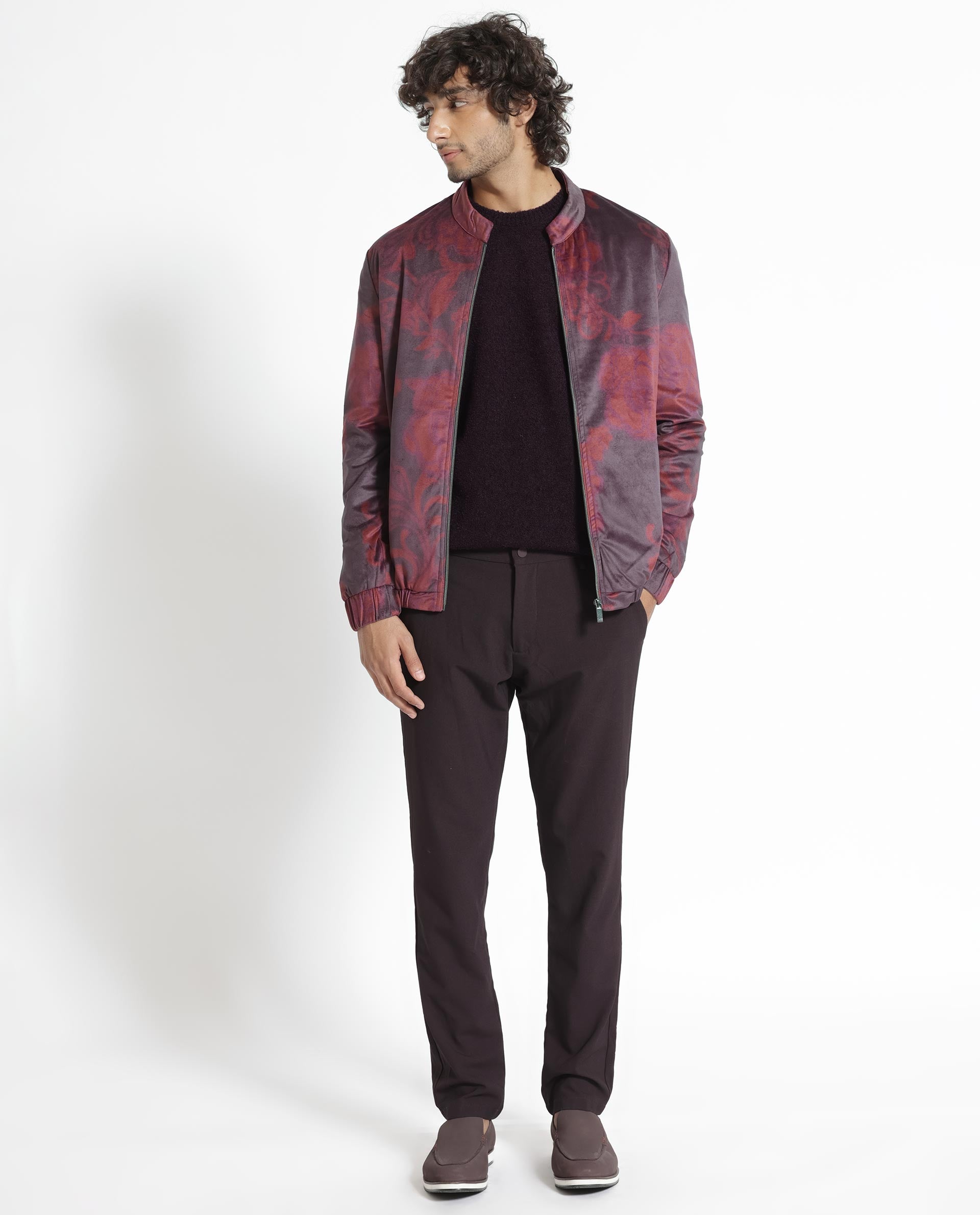 Rare Rabbit Men's Dalia Dark Maroon Paisley Printed Velvet Smart Jacket