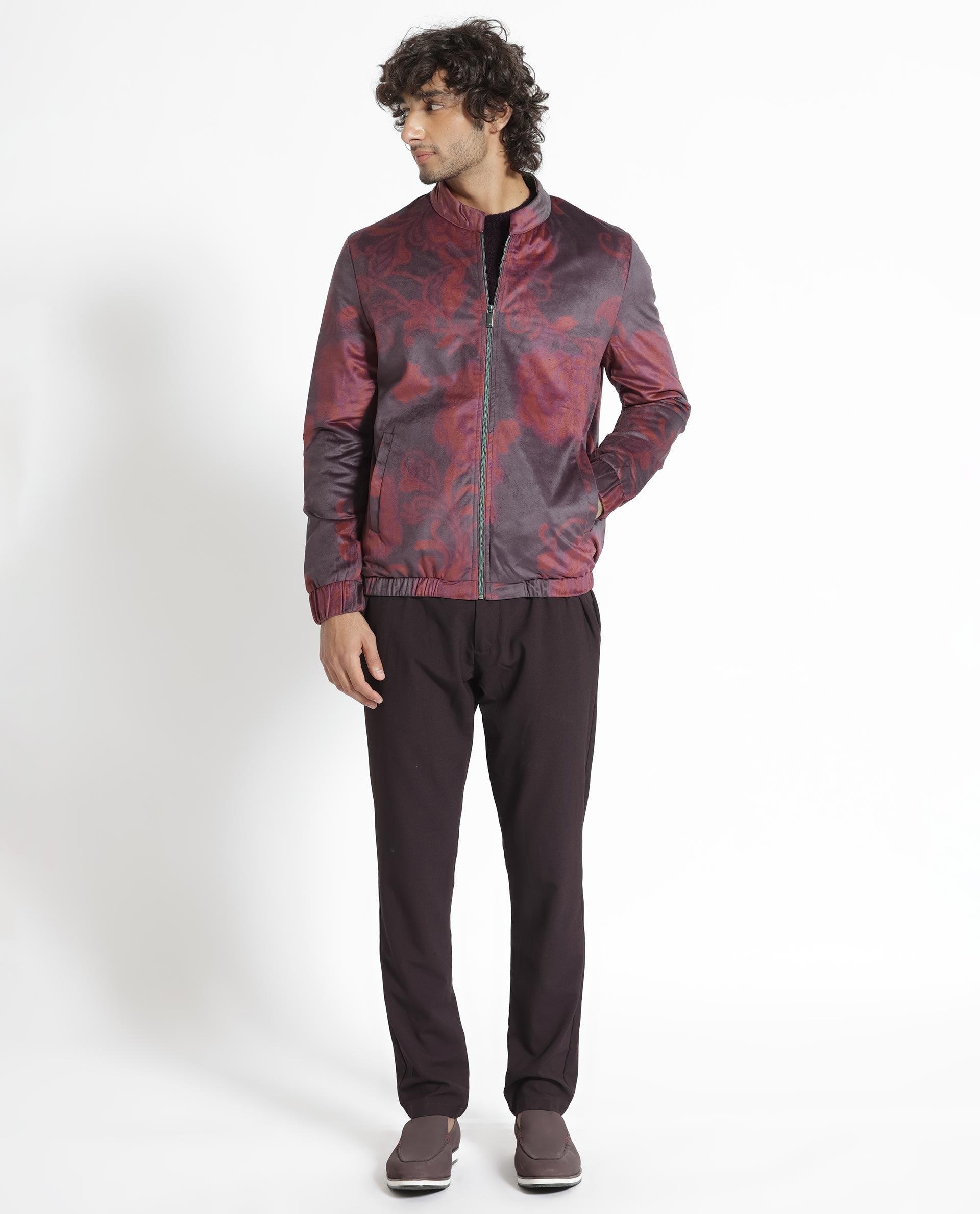 Rare Rabbit Men's Dalia Dark Maroon Paisley Printed Velvet Smart Jacket