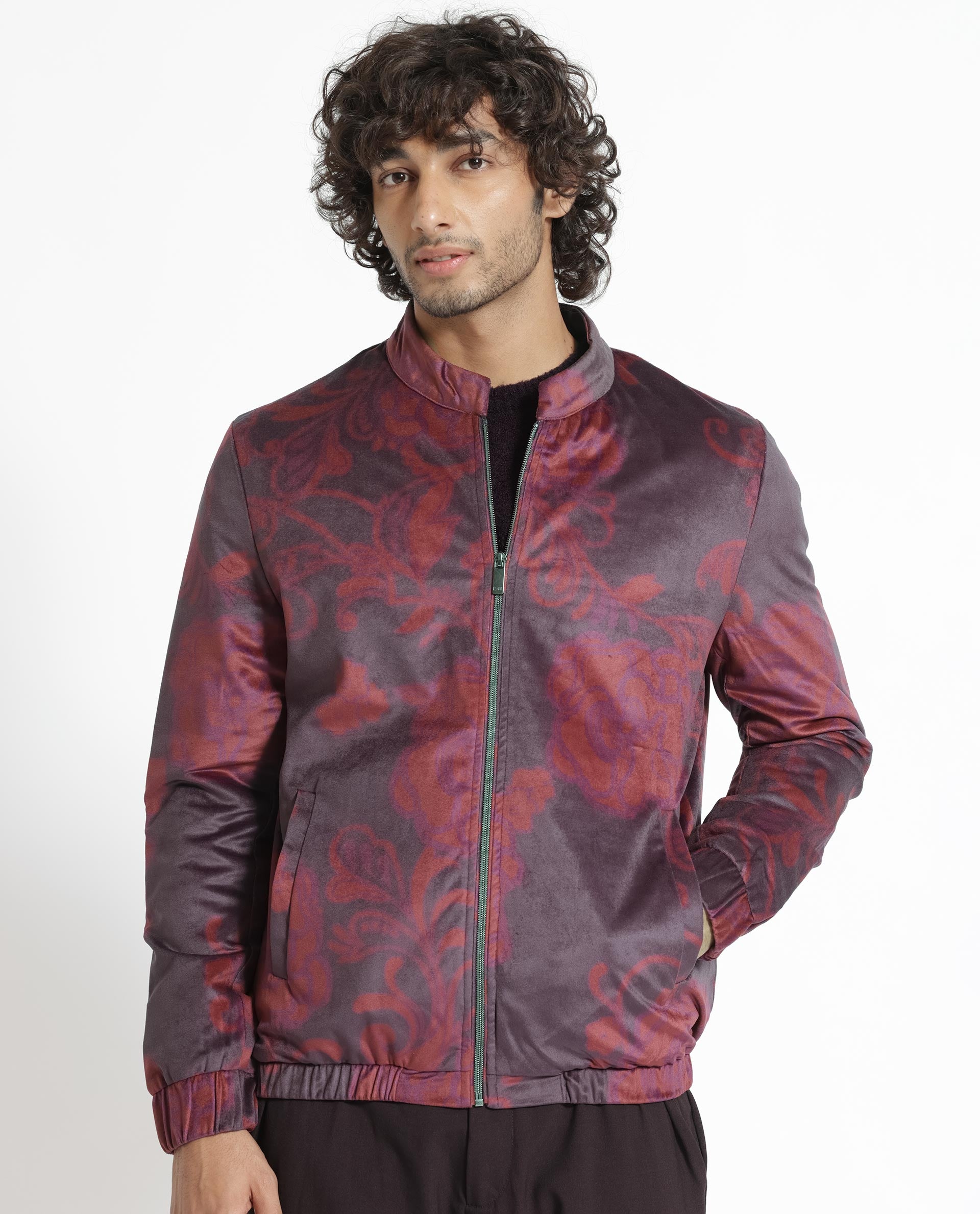 Rare Rabbit Men's Dalia Dark Maroon Paisley Printed Velvet Smart Jacket