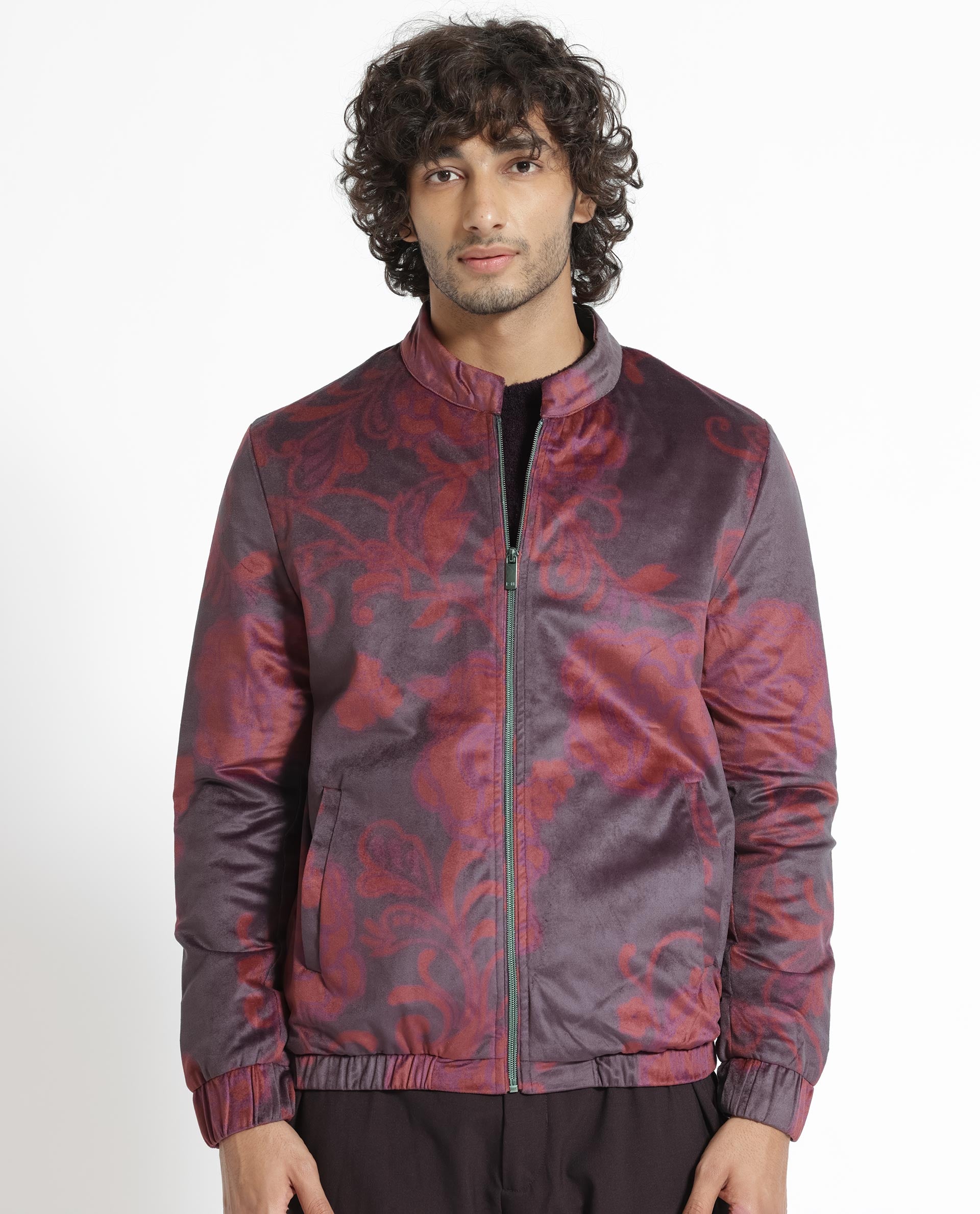 Rare Rabbit Men's Dalia Dark Maroon Paisley Printed Velvet Smart Jacket