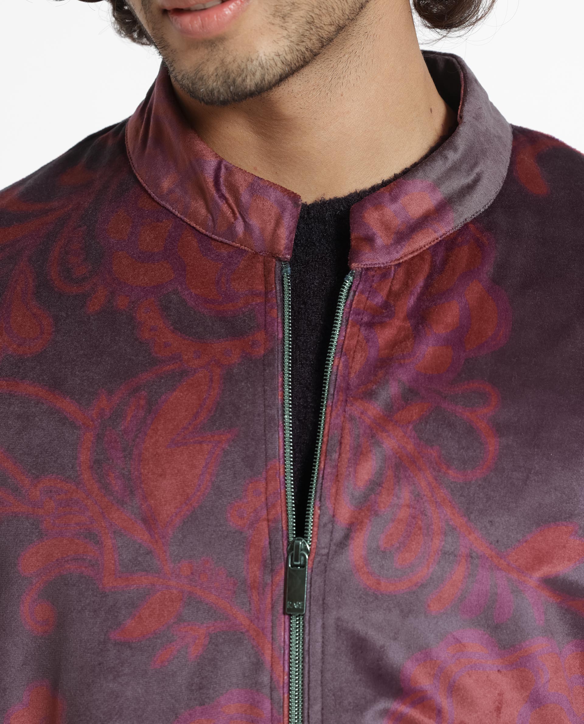 Rare Rabbit Men's Dalia Dark Maroon Paisley Printed Velvet Smart Jacket