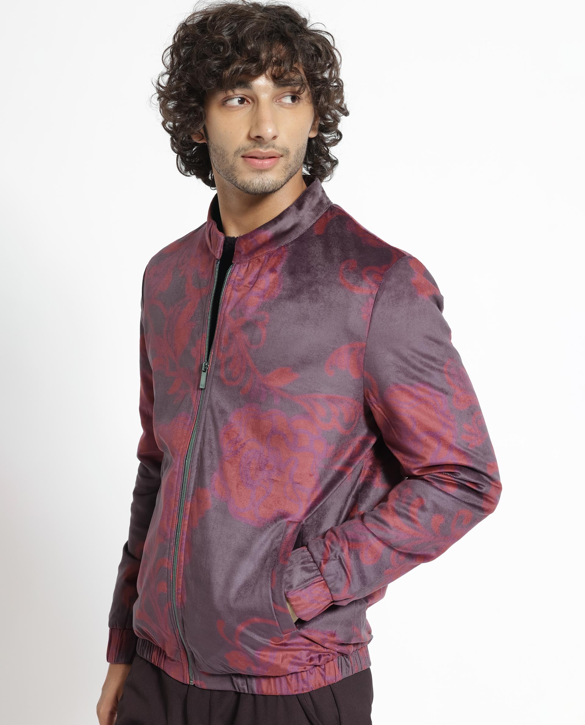 Rare Rabbit Men's Dalia Dark Maroon Paisley Printed Velvet Smart Jacket