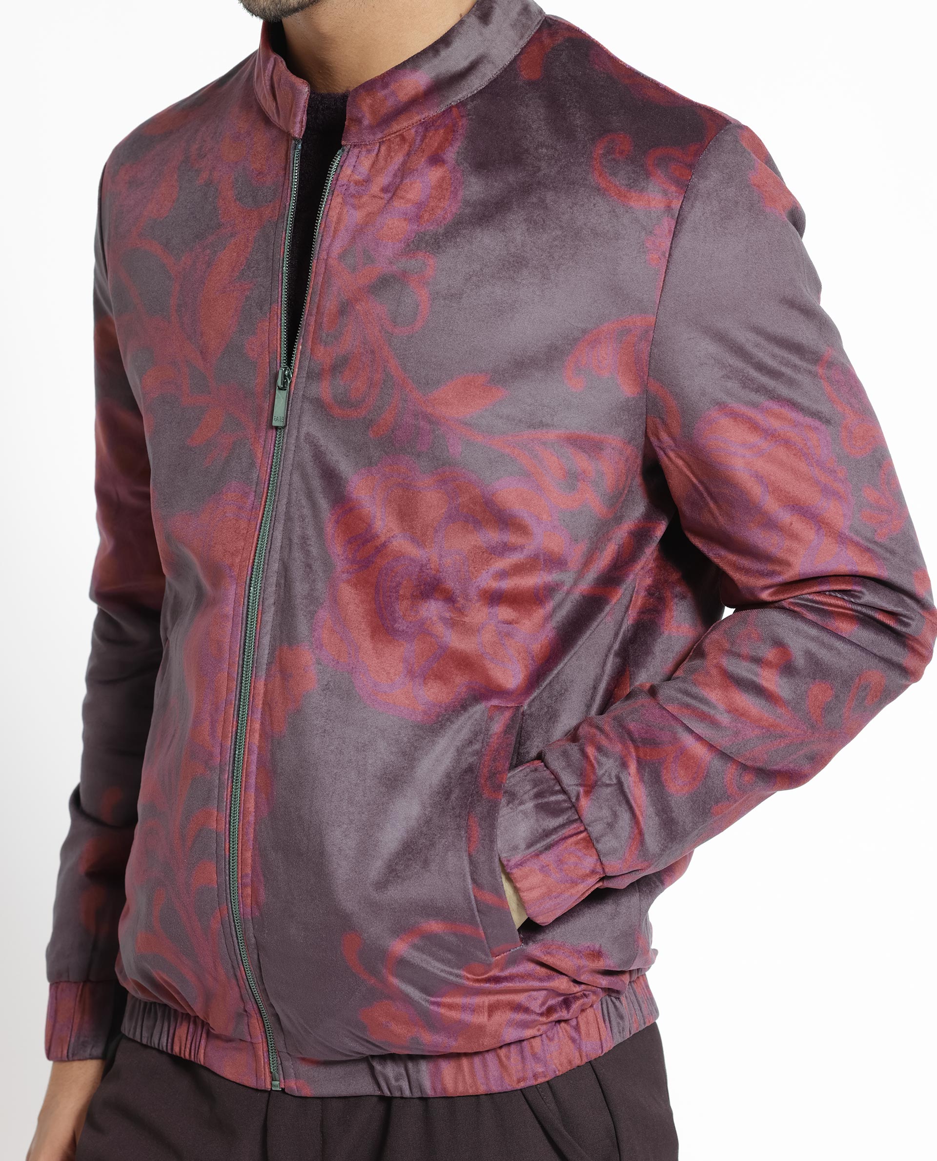 Rare Rabbit Men's Dalia Dark Maroon Paisley Printed Velvet Smart Jacket
