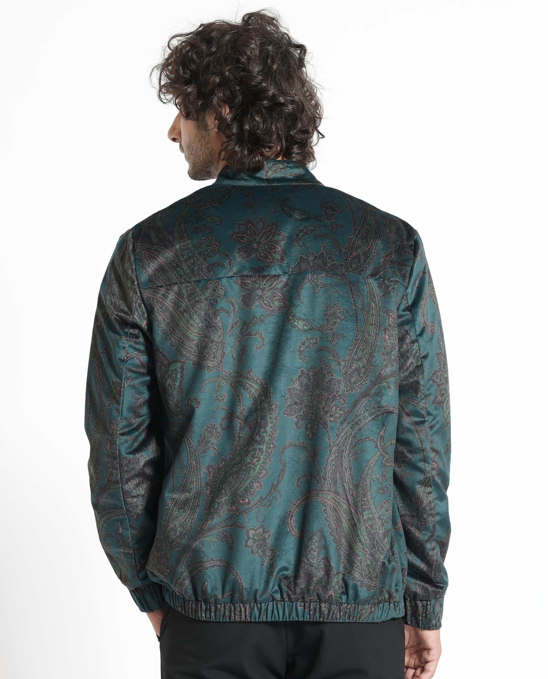 Rare Rabbit Men's Dalia Dark Teal Paisley Printed Velvet Smart Jacket