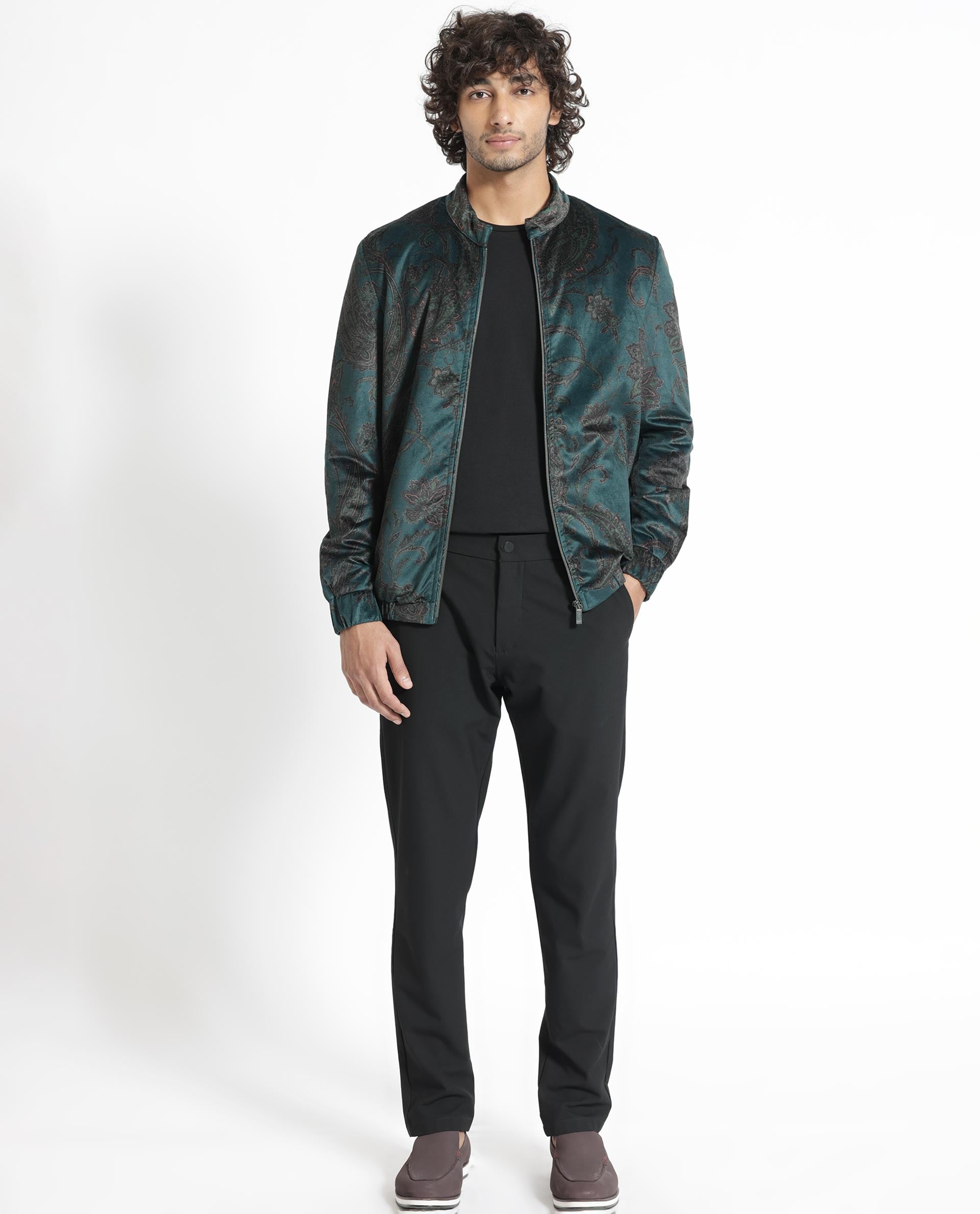Rare Rabbit Men's Dalia Dark Teal Paisley Printed Velvet Smart Jacket