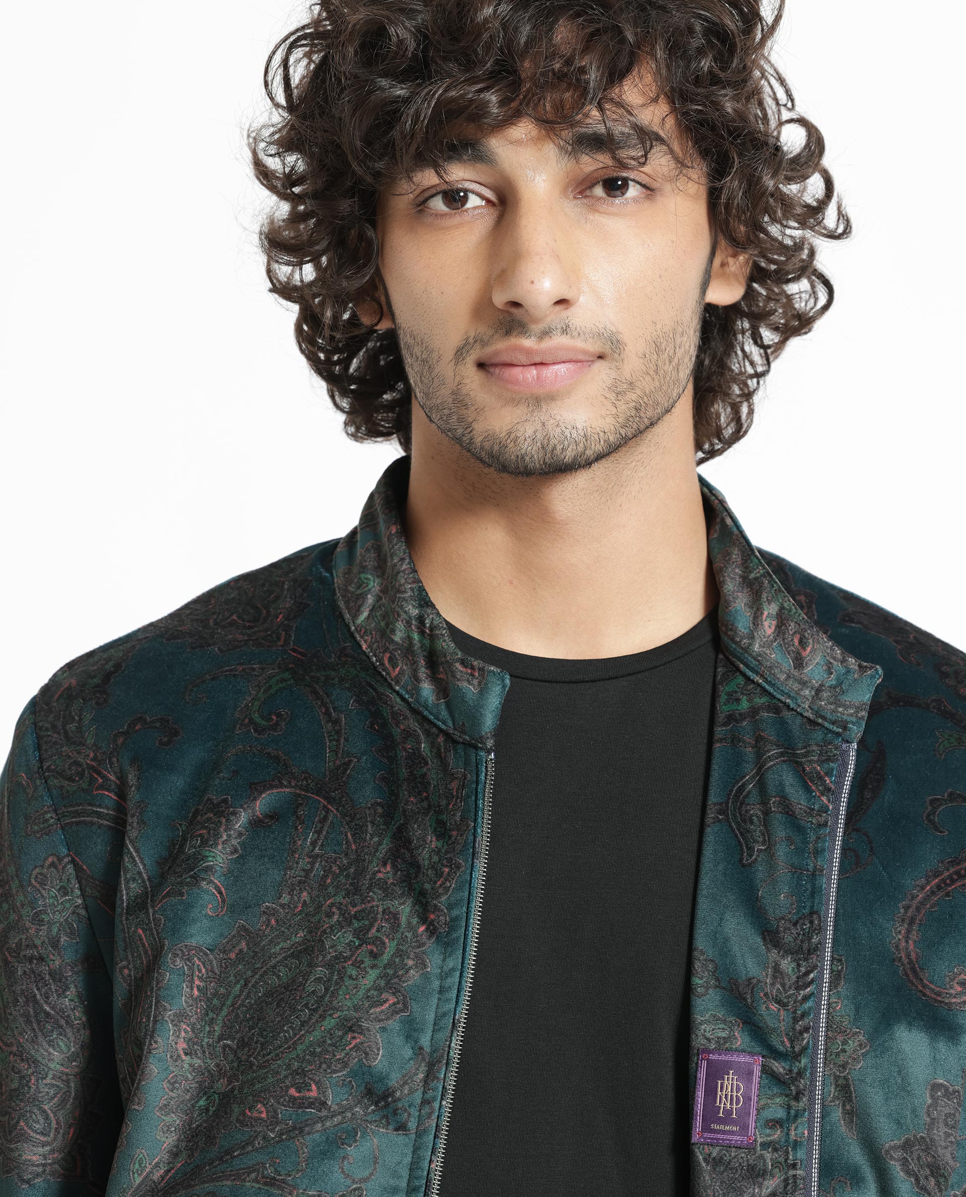 Rare Rabbit Men's Dalia Dark Teal Paisley Printed Velvet Smart Jacket