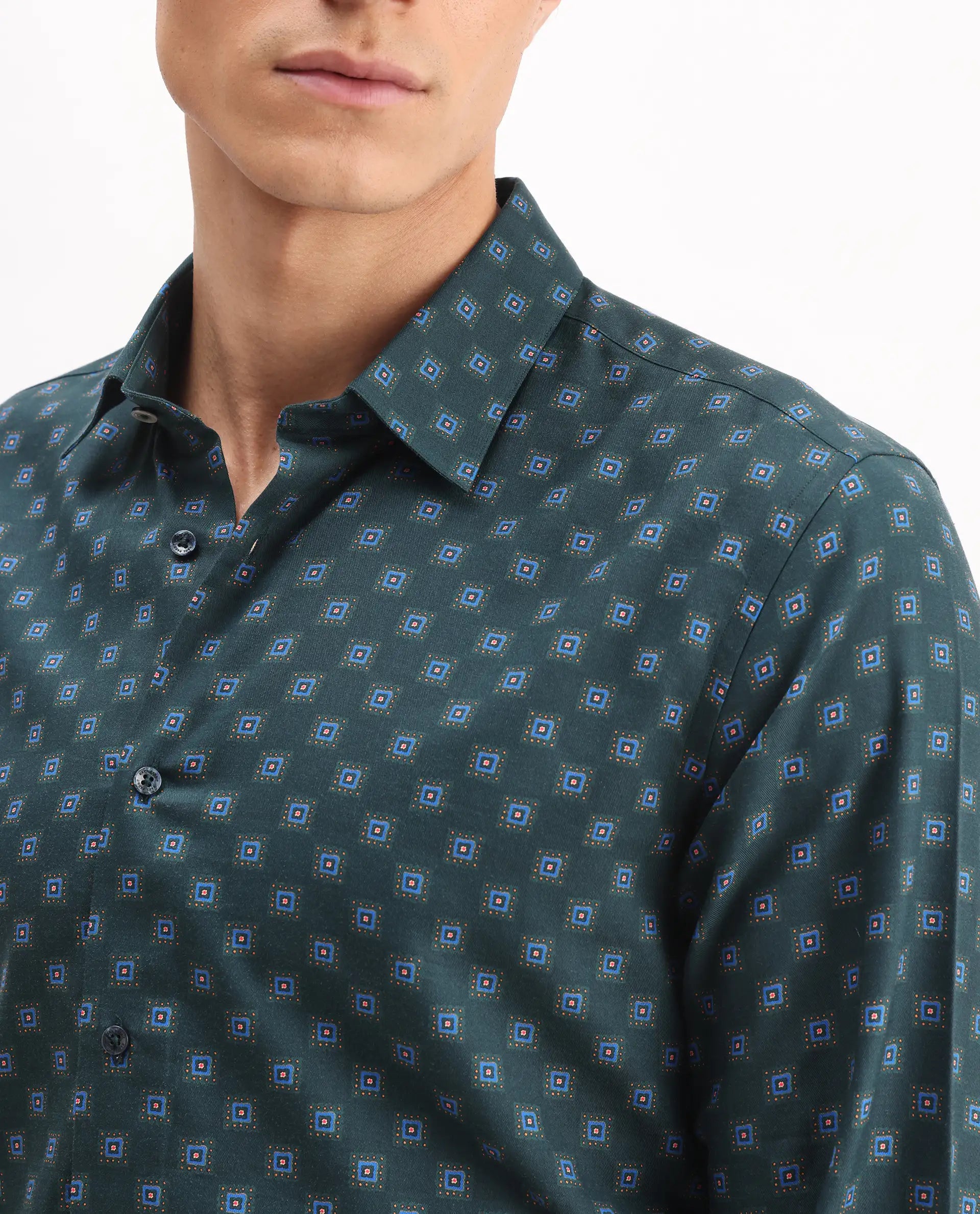 Rare Rabbit Men's Dalk Green Cotton Blend Geometric Print Regular Fit Full Sleeve Collared Shirt